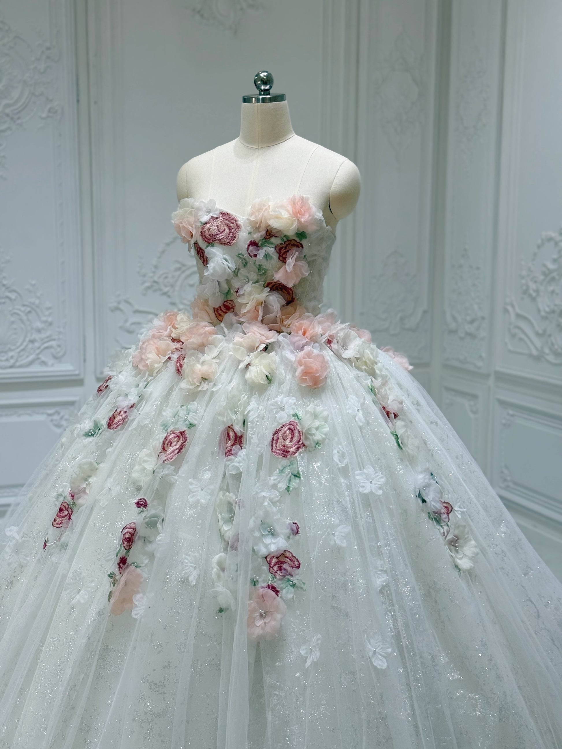 Stock clearance! Sparkling colorful 3D floral with lace embroidered strapless fairy ballgown wedding dress/Quinceanera dress/ Sweet 16 dress - Ting's Bridal Collection