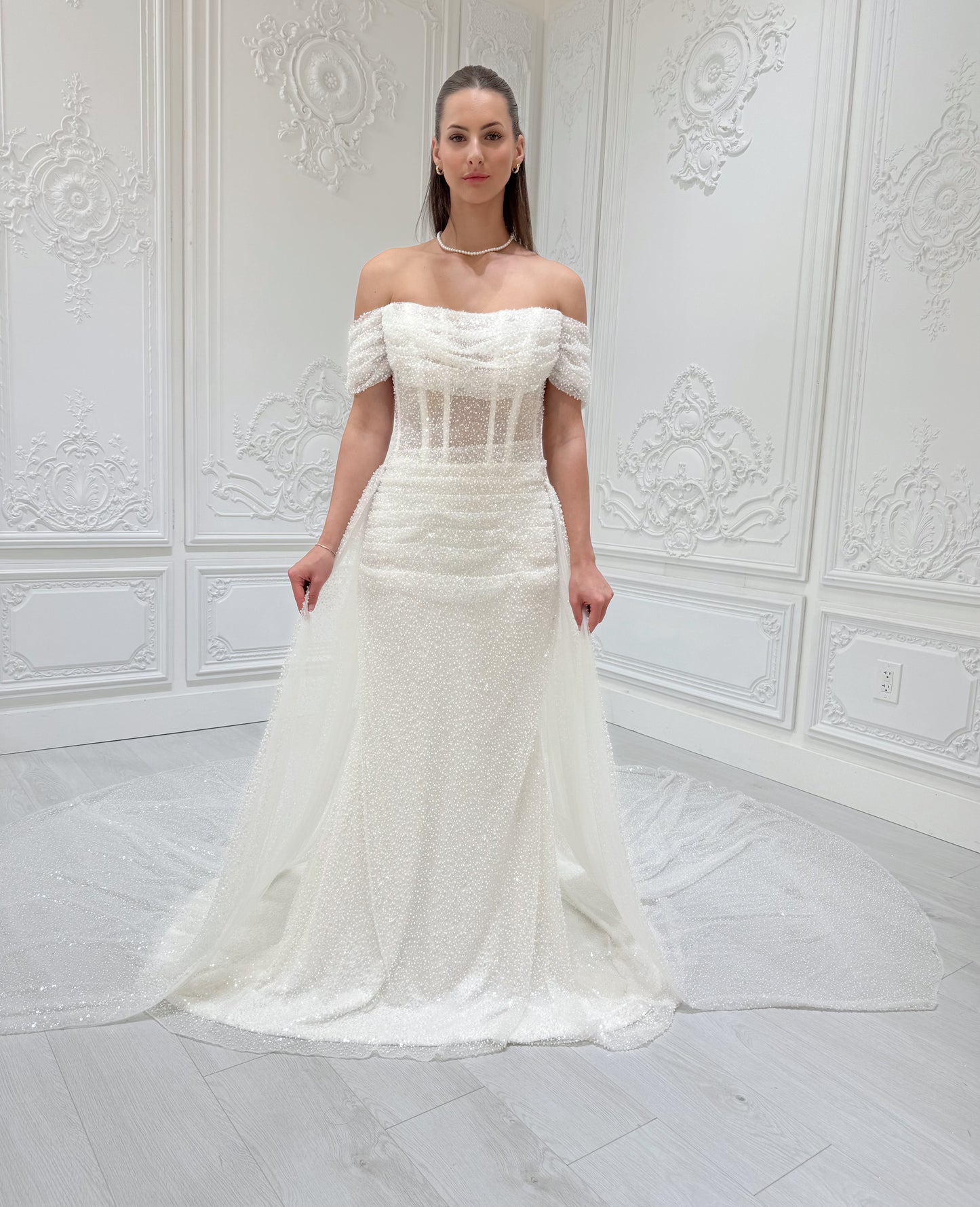 Stock Clearance! White beading straight neckline off the shoulder pleated sparkling mermaid wedding dress with detachable skirt - Ting's Bridal Collection