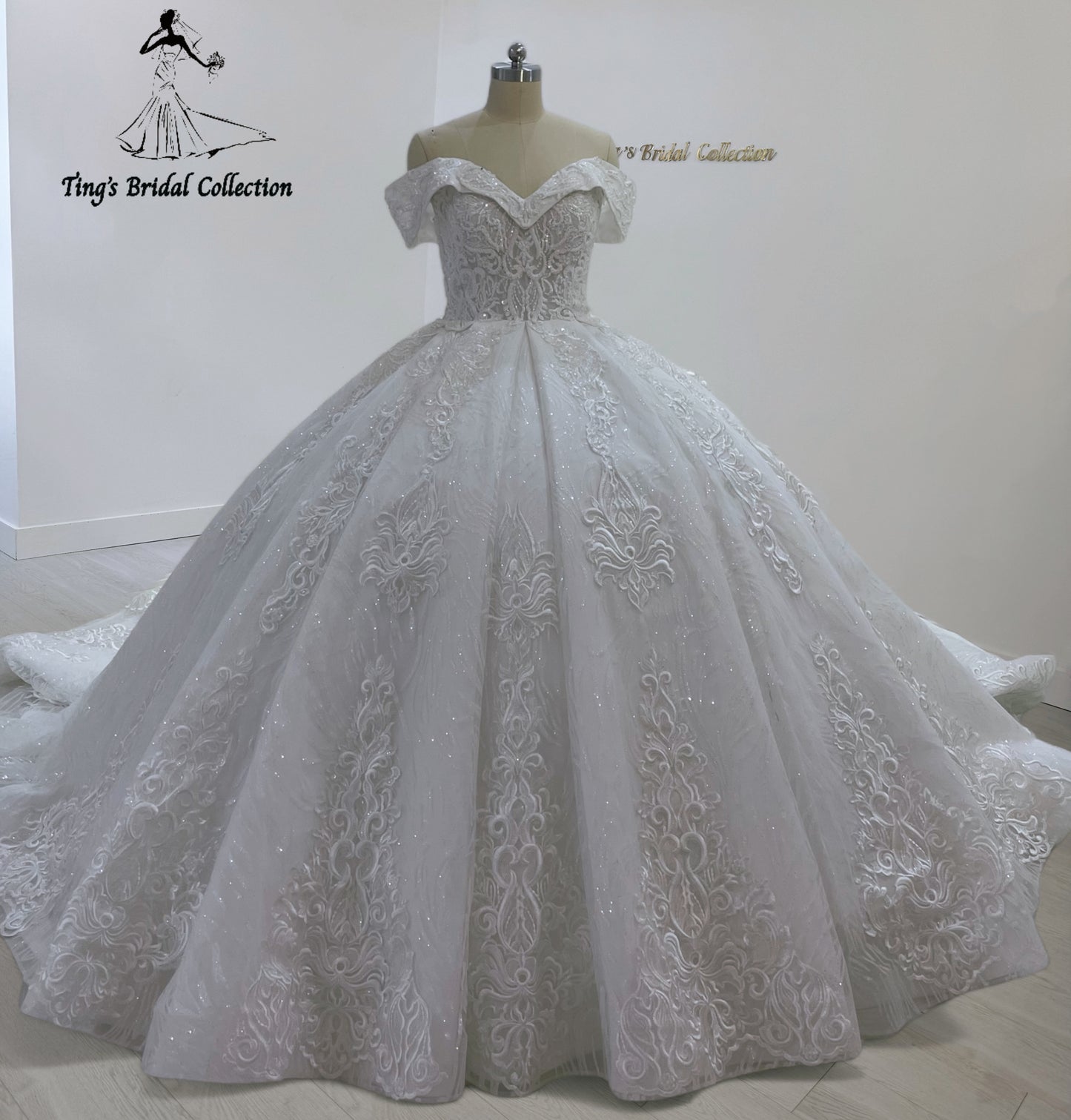 TBC-CM32 Custom-made 3D lace embroidered off the shoulder princess ballgown royal wedding dress