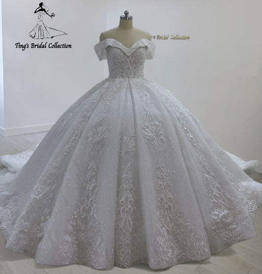 TBC-CM32 Custom-made 3D lace embroidered off the shoulder princess ballgown royal wedding dress