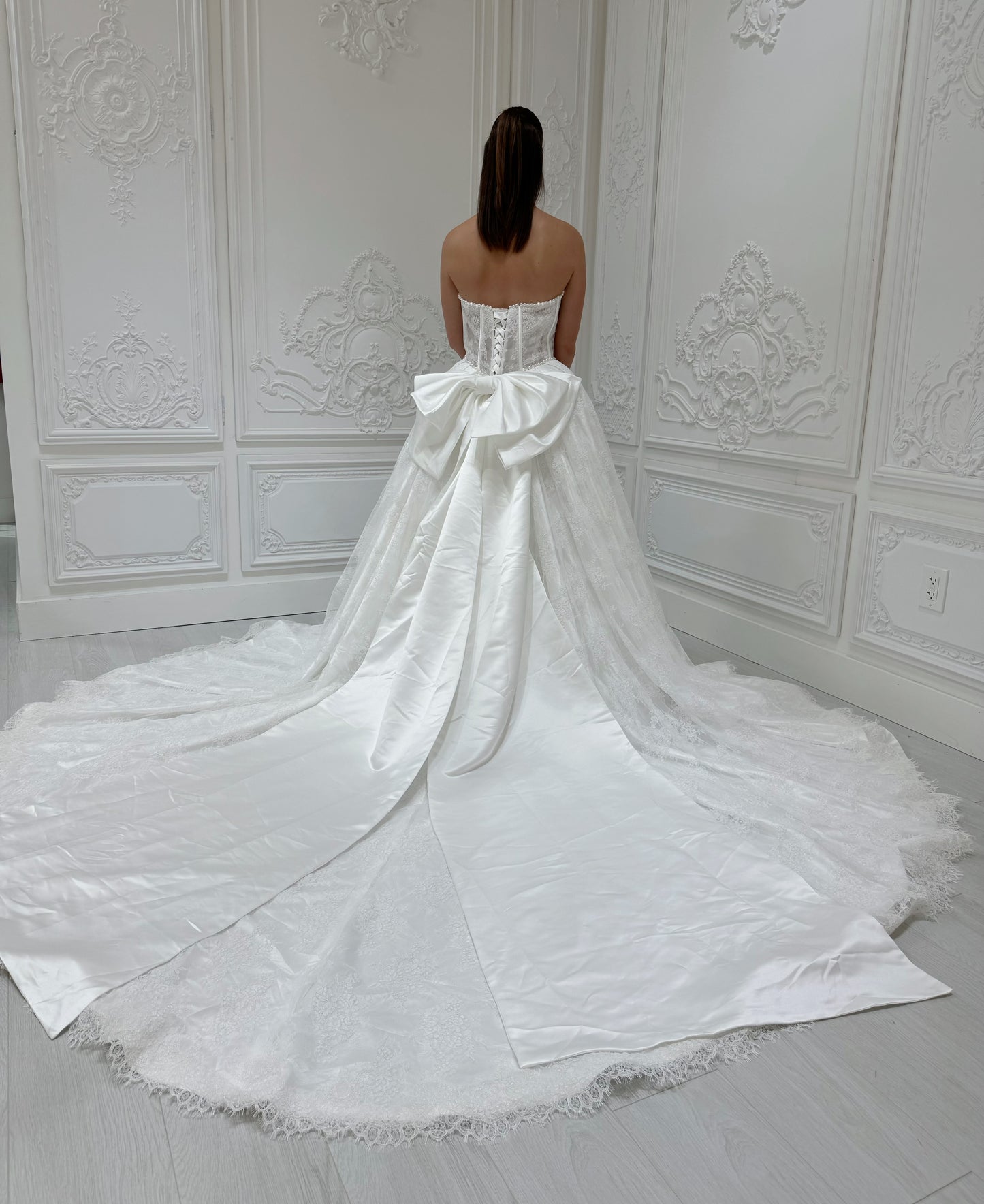 Stock Sale! Bridal size 12! Custom-made straight pearl beading corset lace Aline wedding dress with detachable bow - Ting's Bridal Collection