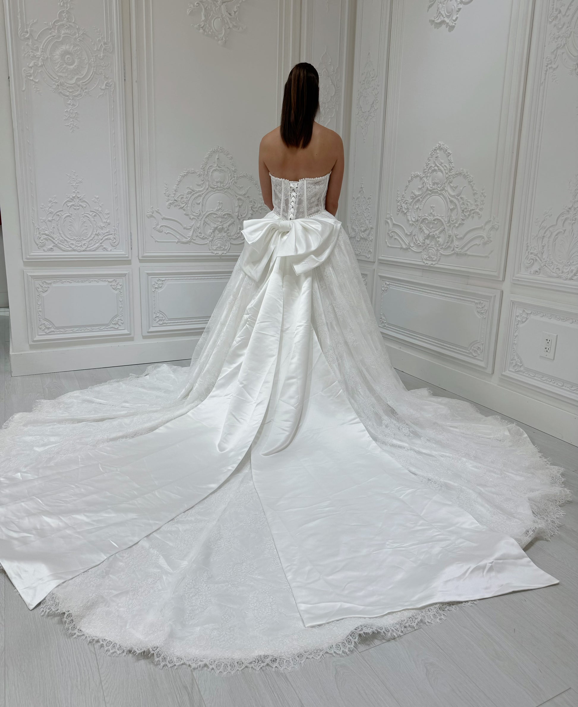 Stock Sale! Bridal size 12! Custom-made straight pearl beading corset lace Aline wedding dress with detachable bow - Ting's Bridal Collection