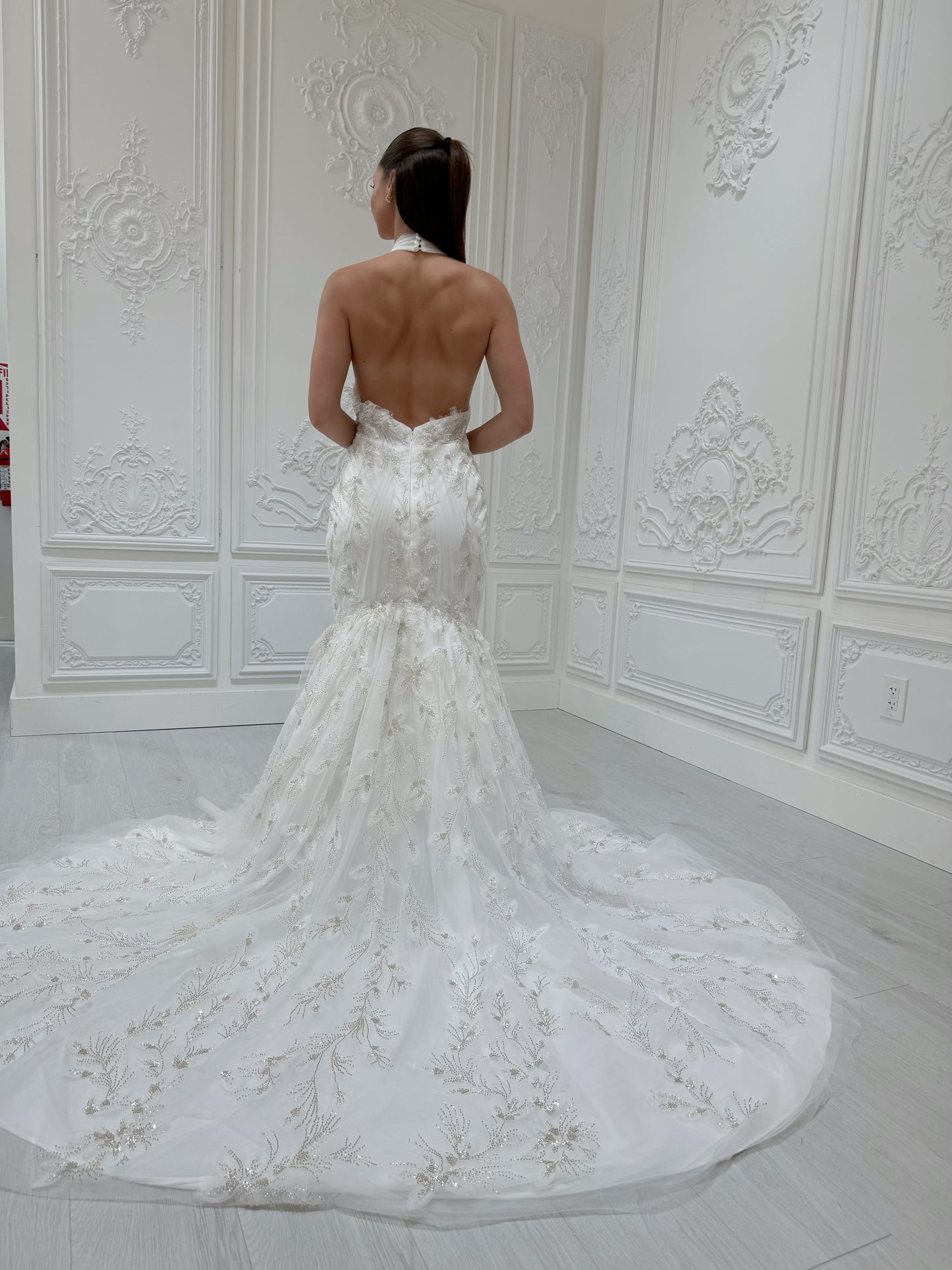 Stock Sale! Bridal size 12! Custom-made beading 3D floral lace halter neck with open back mermaid wedding dress - Ting's Bridal Collection