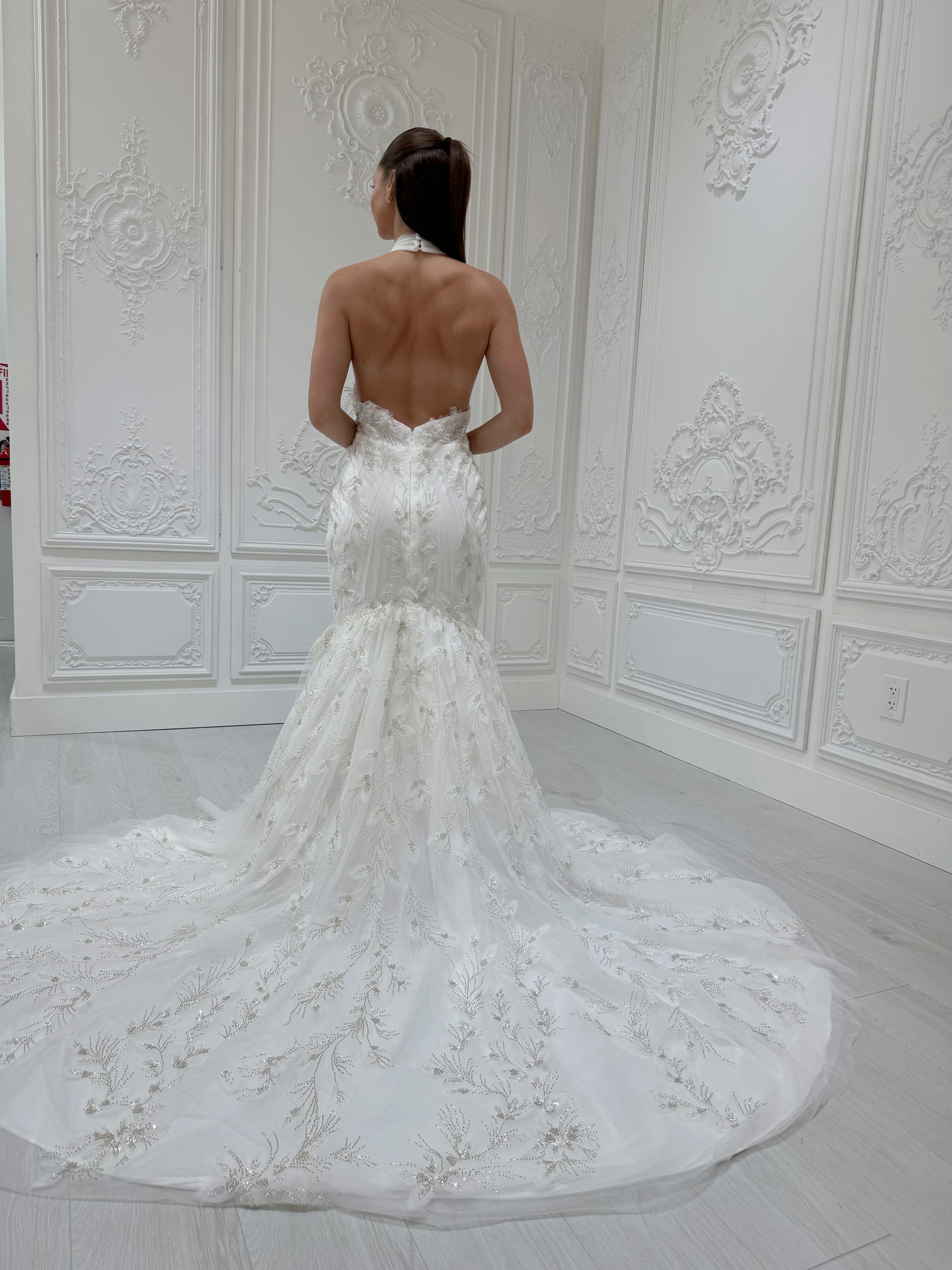 Stock Sale! Bridal size 12! Custom-made beading 3D floral lace halter neck with open back mermaid wedding dress - Ting's Bridal Collection