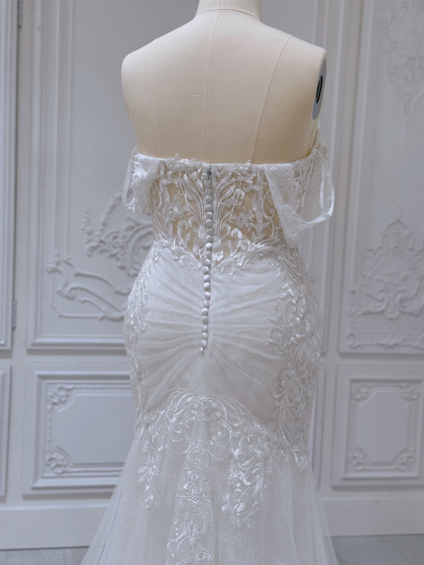 Stock Sale! Size 16! Custom-made lace embroidered off the shoulder trumpet/mermaid wedding dress - Ting's Bridal Collection