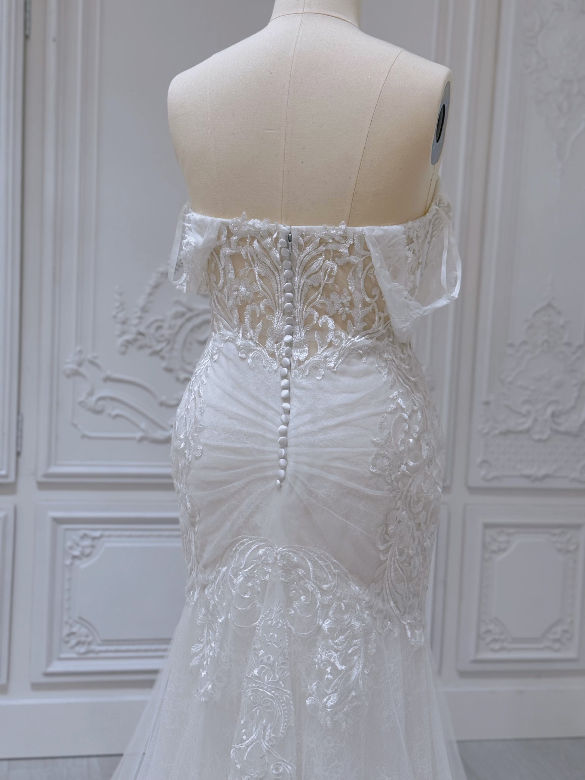 Stock Sale! Size 16! Custom-made lace embroidered off the shoulder trumpet/mermaid wedding dress - Ting's Bridal Collection
