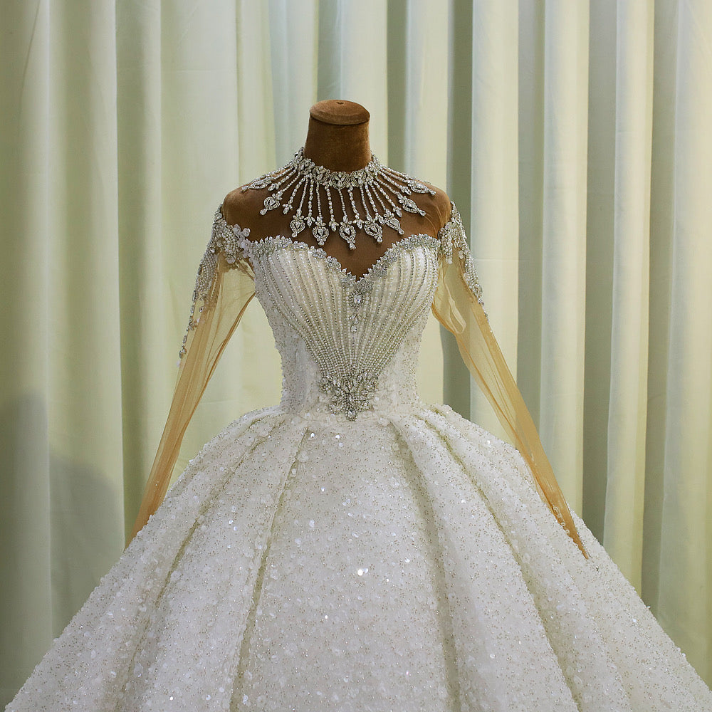 TBC-CM007  Custom-made luxury crystal beading sparkling high neck with long sleeve princess ballgown wedding dress - Ting's Bridal Collection