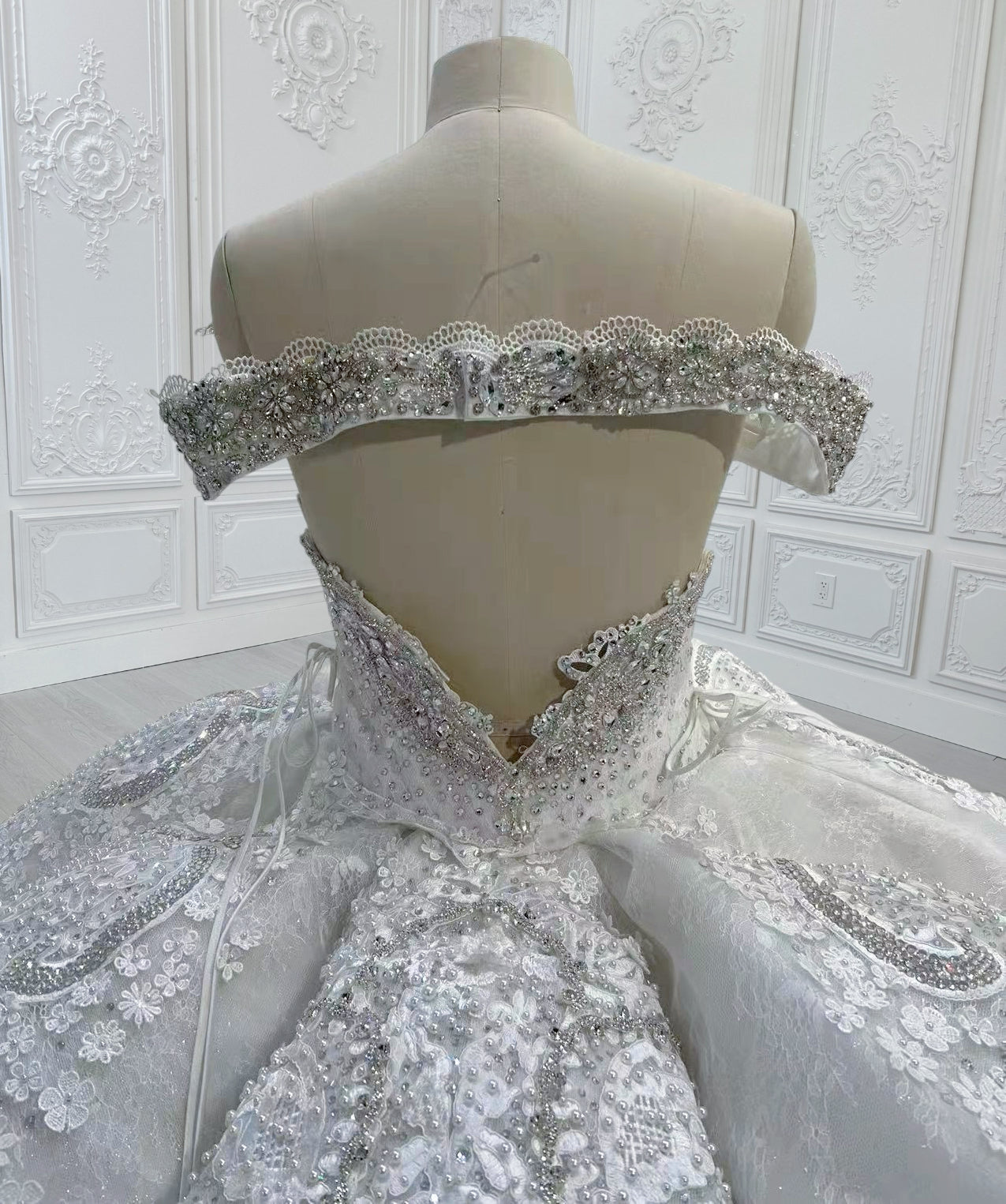 Custom-made luxury crystal beaded sparkling off the shoulder lace embroidered ballgown royal wedding dress - Ting's Bridal Collection