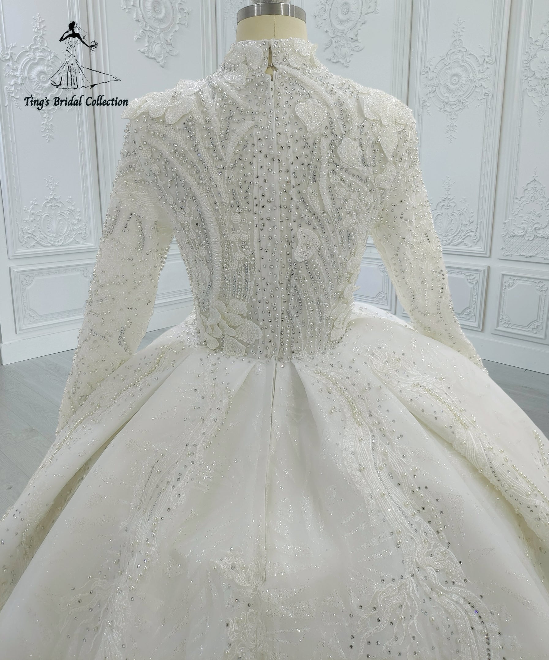 Custom-made luxury beading 3D floral Hight neck fully covered long sleeve ballgown royal wedding dress - Ting's Bridal Collection