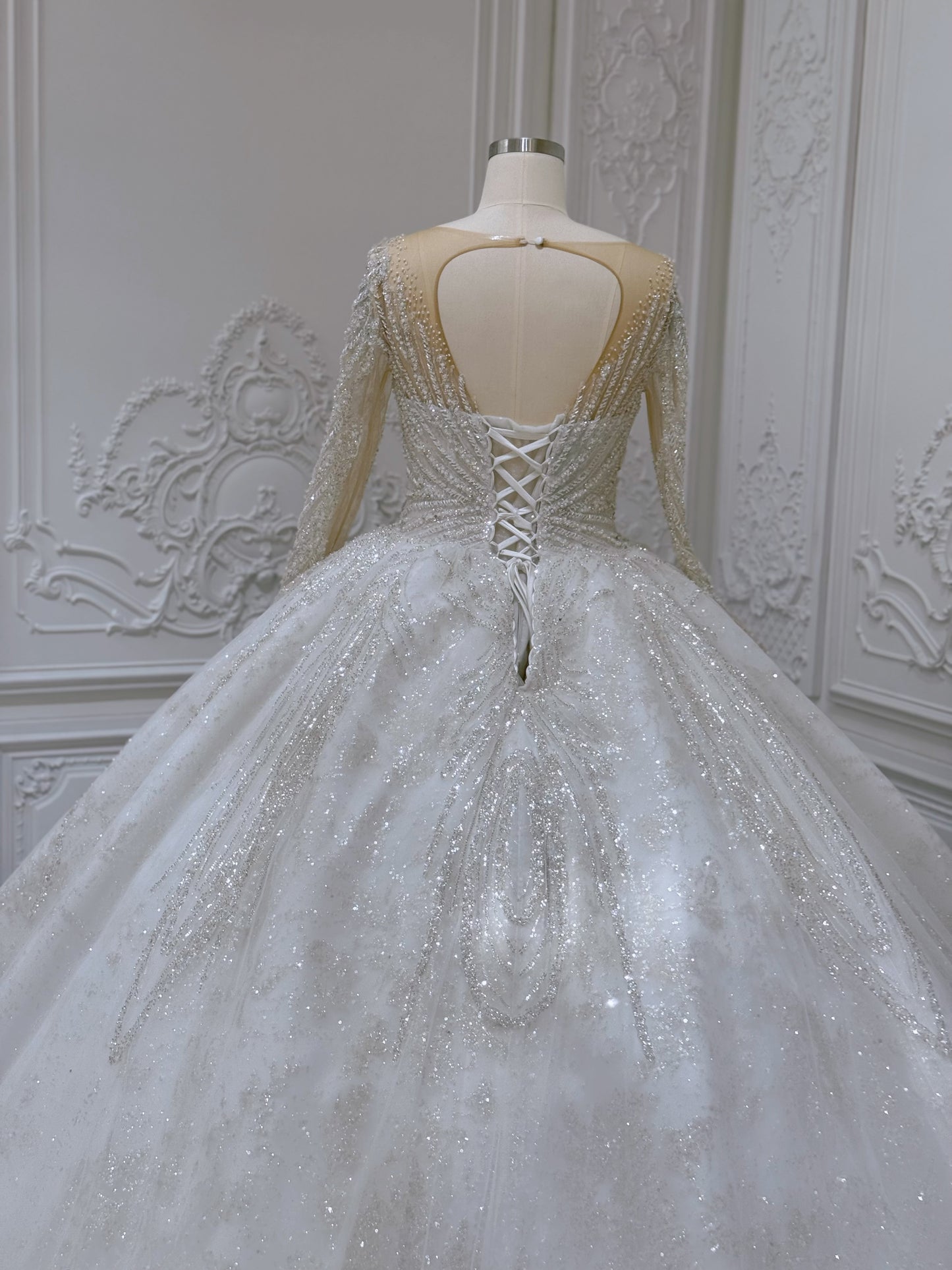 Stock Sale! Bridal size 12! Luxury crystal beading sparkling long sleeve with Deep V princess ballgown royal wedding dress - Ting's Bridal Collection