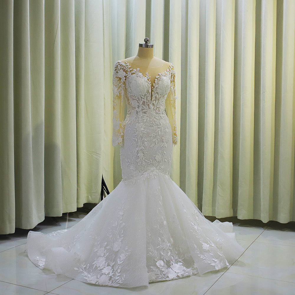 TBC-CM001  Custom-made floral embroidered long sleeve 2 in 1 ballgown and mermaid wedding dress with detachable skirt - Ting's Bridal Collection