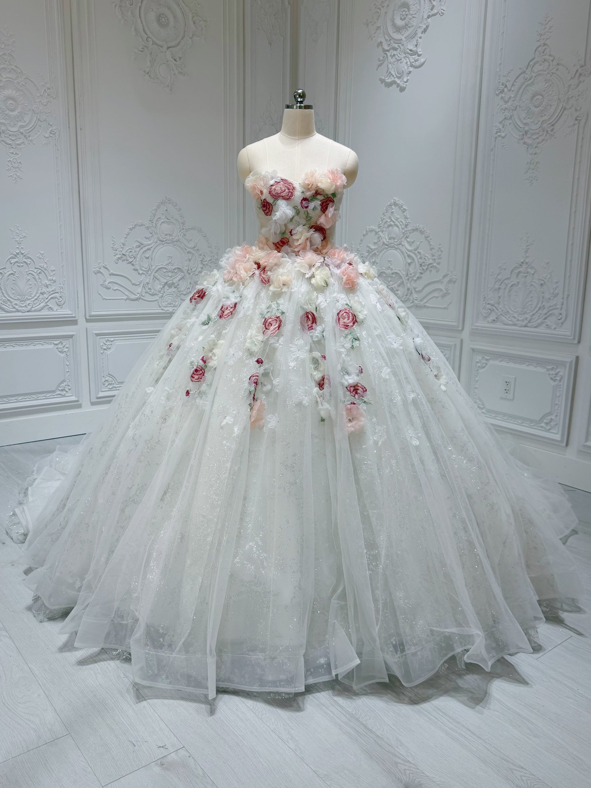 Stock clearance! Sparkling colorful 3D floral with lace embroidered strapless fairy ballgown wedding dress/Quinceanera dress/ Sweet 16 dress - Ting's Bridal Collection