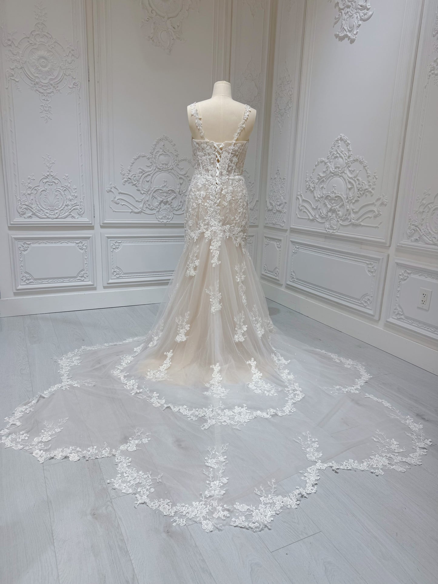 Custom-made ivory floral beading mermaid wedding dress with floral shaped train - Ting's Bridal Collection