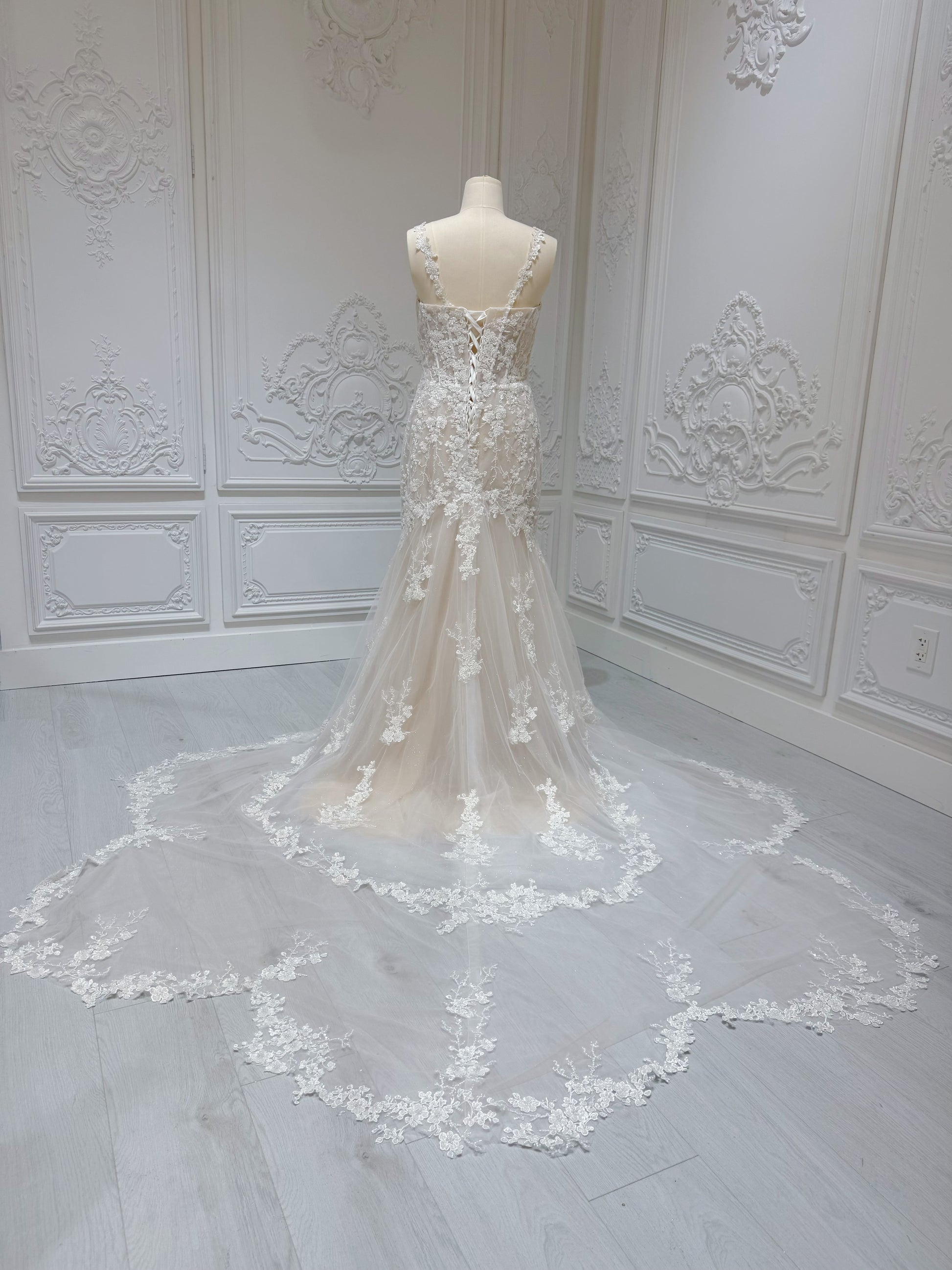 Custom-made ivory floral beading mermaid wedding dress with floral shaped train - Ting's Bridal Collection