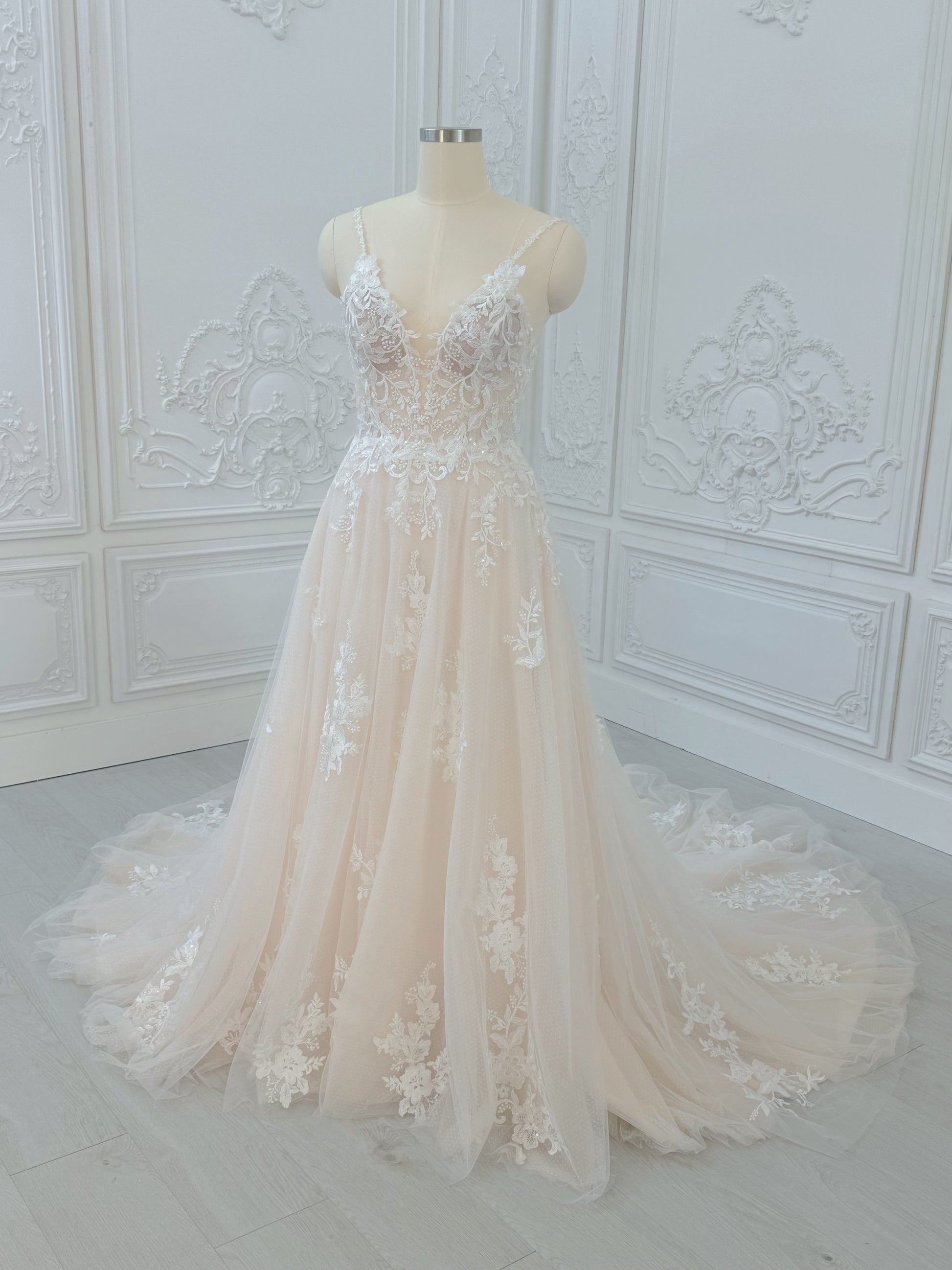 Stock Clearance! Blush color Spaghetti strap Deep V beach/outdoor wedding dress - Ting's Bridal Collection