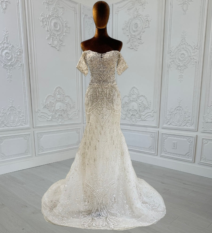 TBC-CM010  Custom-made luxury crystal beading off the shoulder 2 in 1 look trumpet and Aline wedding dress with detachable skirt