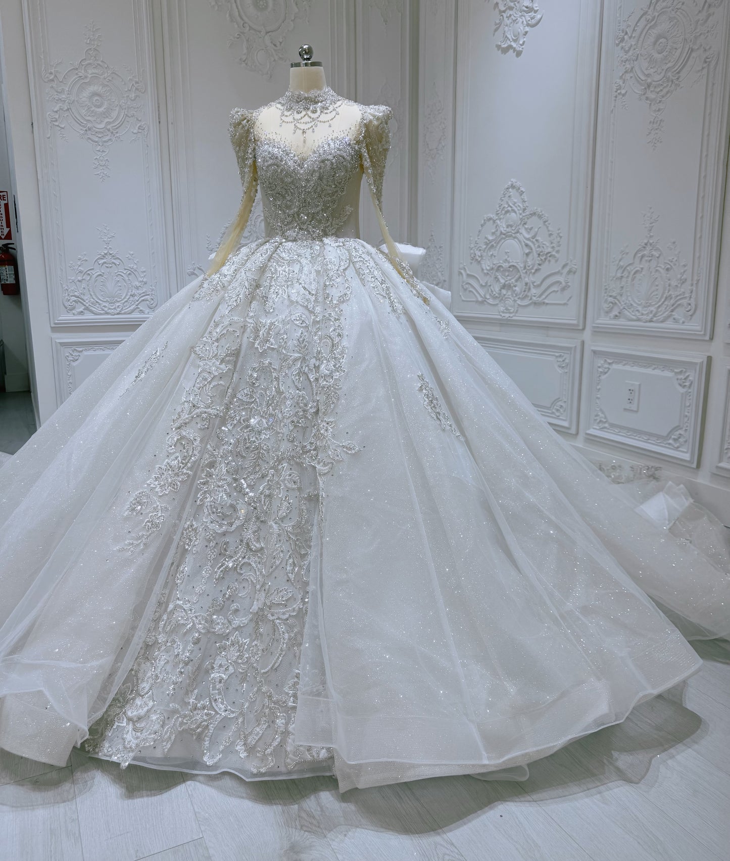 Custom-made luxury beading sparking long sleeve with sweetheart princess ballgown royal wedding dress with ruffled skirt - Ting's Bridal Collection