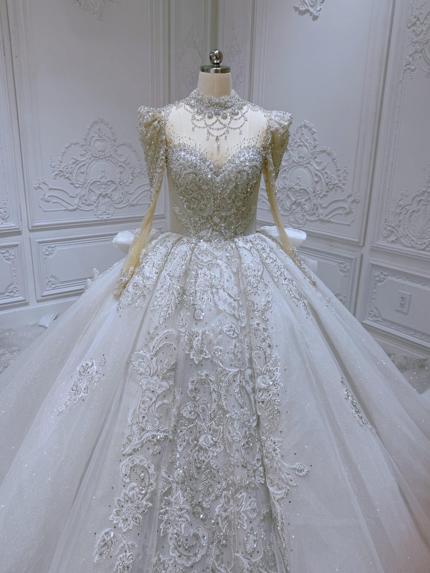 Custom-made luxury beading sparking long sleeve with sweetheart princess ballgown royal wedding dress with ruffled skirt - Ting's Bridal Collection