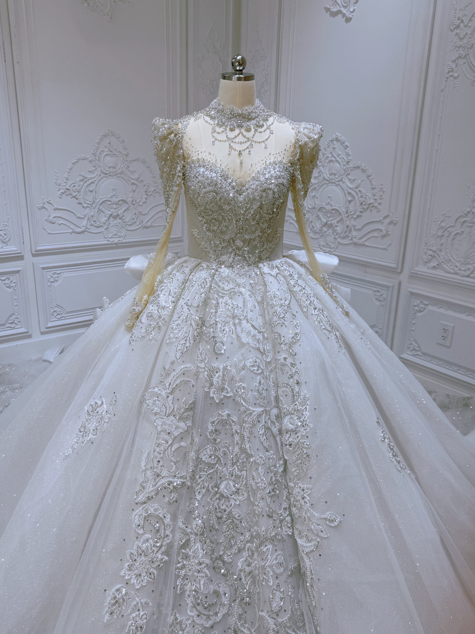 Custom-made luxury beading sparking long sleeve with sweetheart princess ballgown royal wedding dress with ruffled skirt - Ting's Bridal Collection
