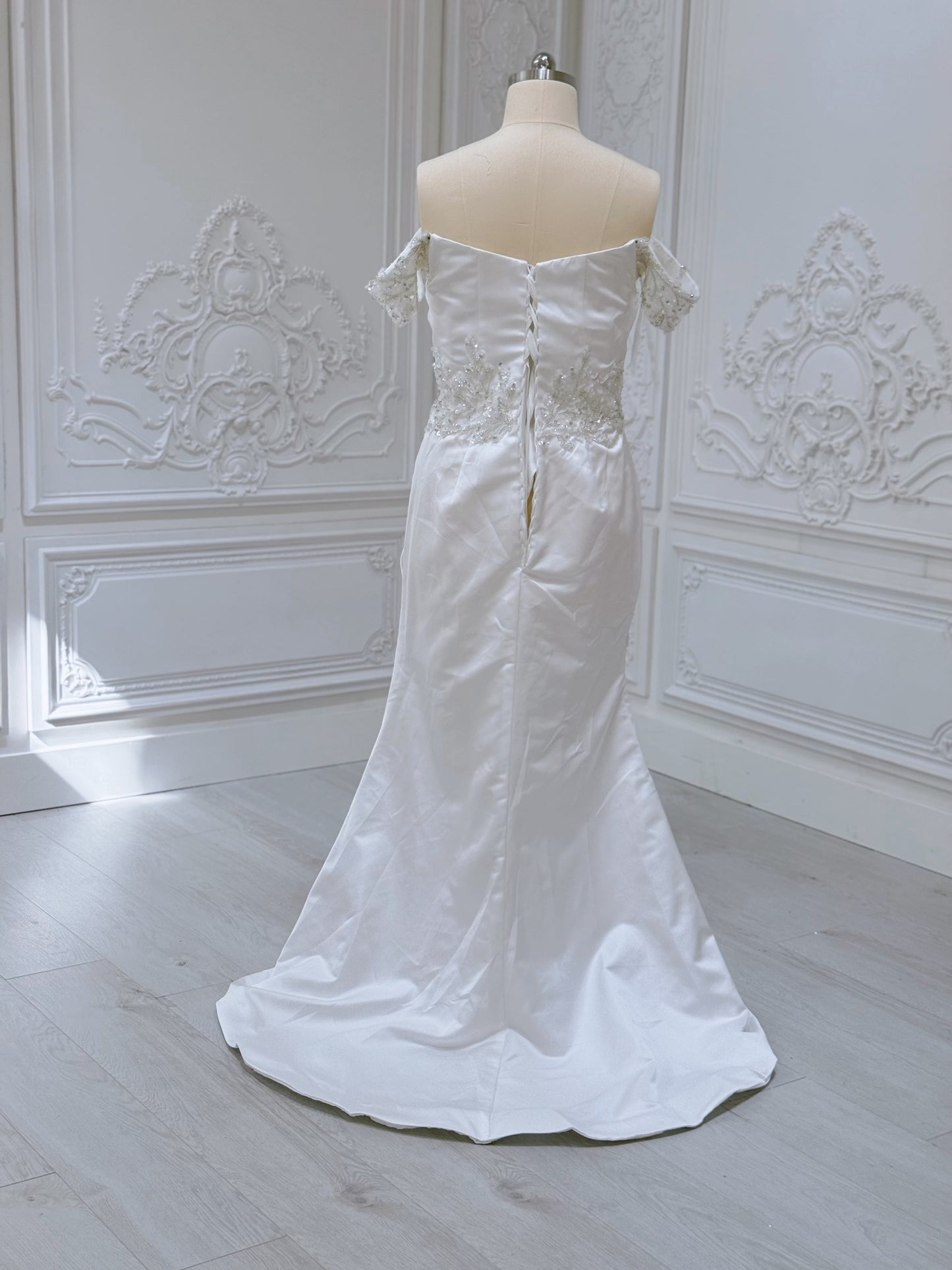 Custom-made off the shoulder pleated white satin with beading lace embroidered 2 in 1 style mermaid wedding dress with detachable skirt - Ting's Bridal Collection