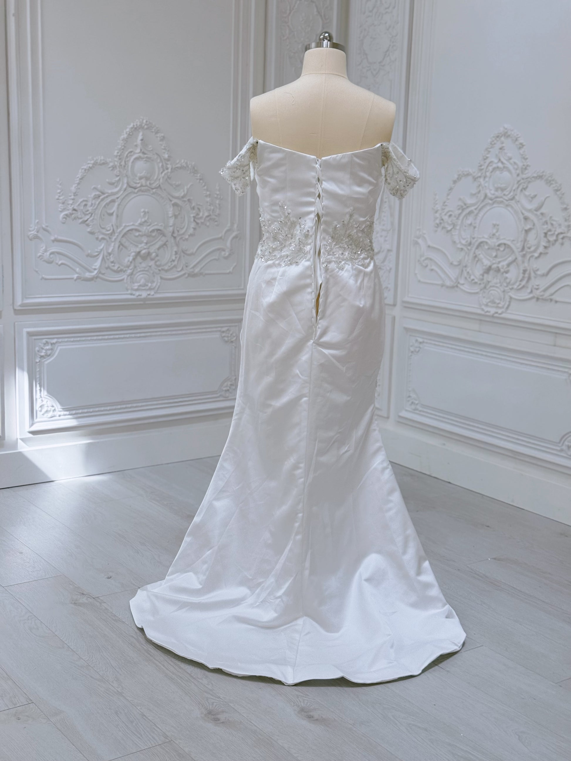 Custom-made off the shoulder pleated white satin with beading lace embroidered 2 in 1 style mermaid wedding dress with detachable skirt - Ting's Bridal Collection