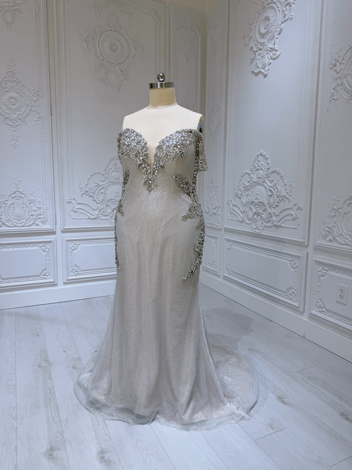 Stock Clearance! Plus size 22! Champagne color crystal beaded off the shoulder mermaid/trumpet wedding dress/formal event gown