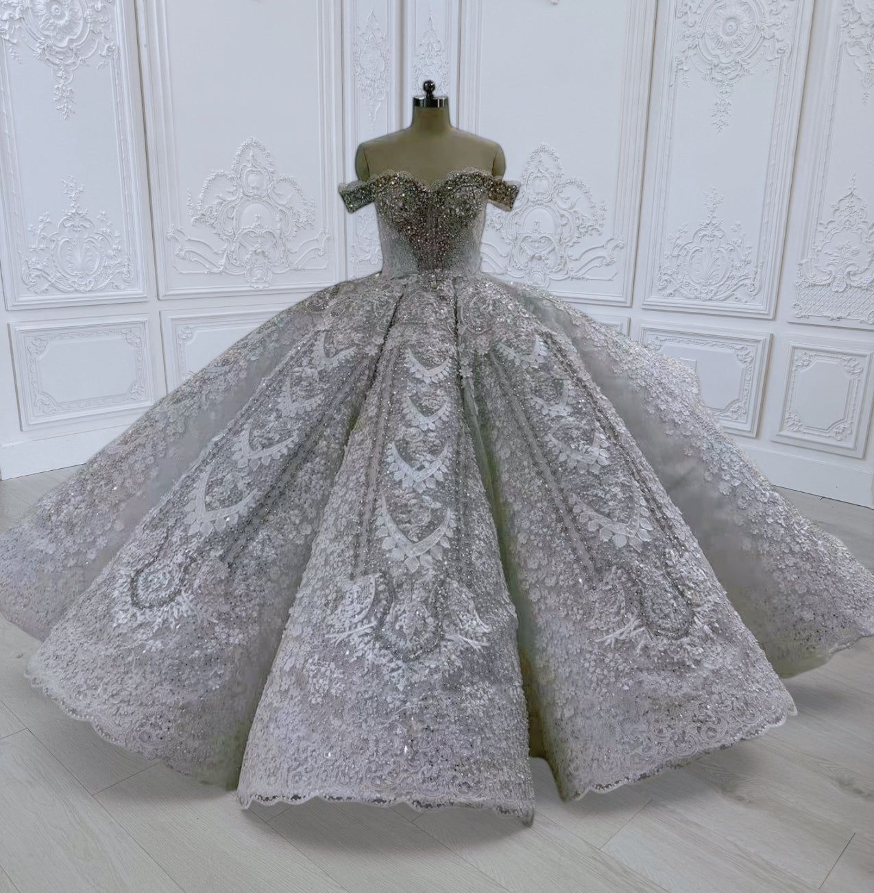 Custom-made luxury crystal beaded sparkling off the shoulder lace embroidered ballgown royal wedding dress - Ting's Bridal Collection