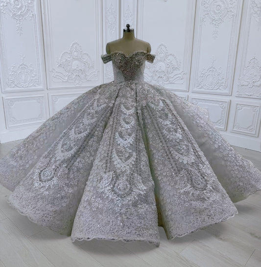 Custom-made luxury crystal beaded sparkling off the shoulder lace embroidered ballgown royal wedding dress - Ting's Bridal Collection