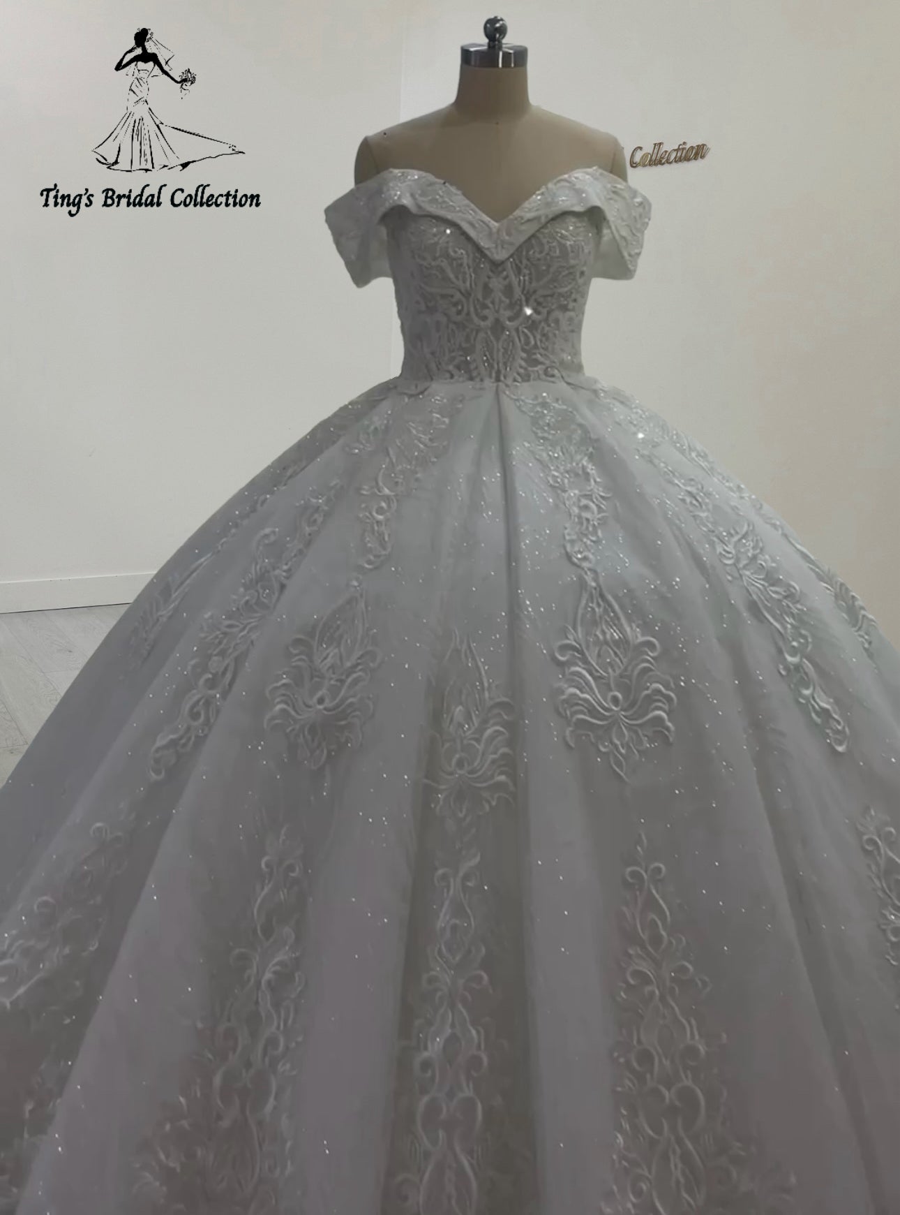 TBC-CM32 Custom-made 3D lace embroidered off the shoulder princess ballgown royal wedding dress