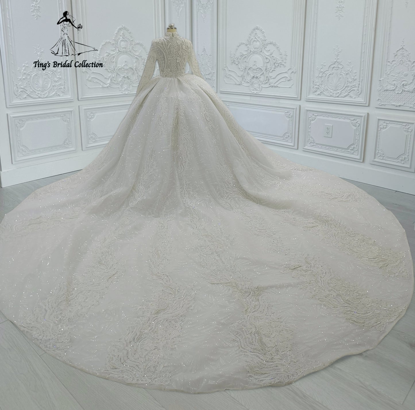 Custom-made luxury beading 3D floral Hight neck fully covered long sleeve ballgown royal wedding dress - Ting's Bridal Collection