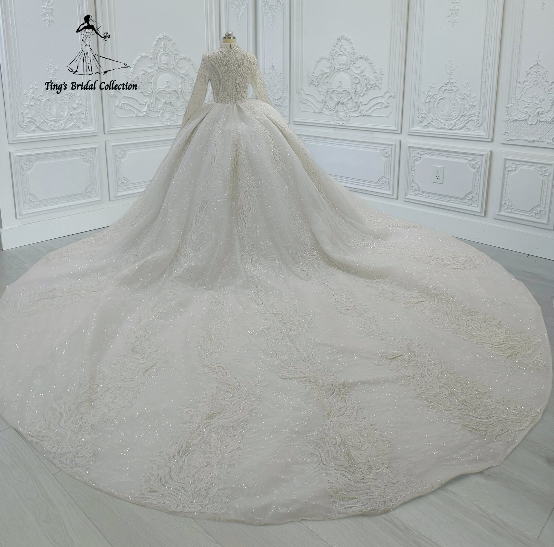 Custom-made luxury beading 3D floral Hight neck fully covered long sleeve ballgown royal wedding dress - Ting's Bridal Collection