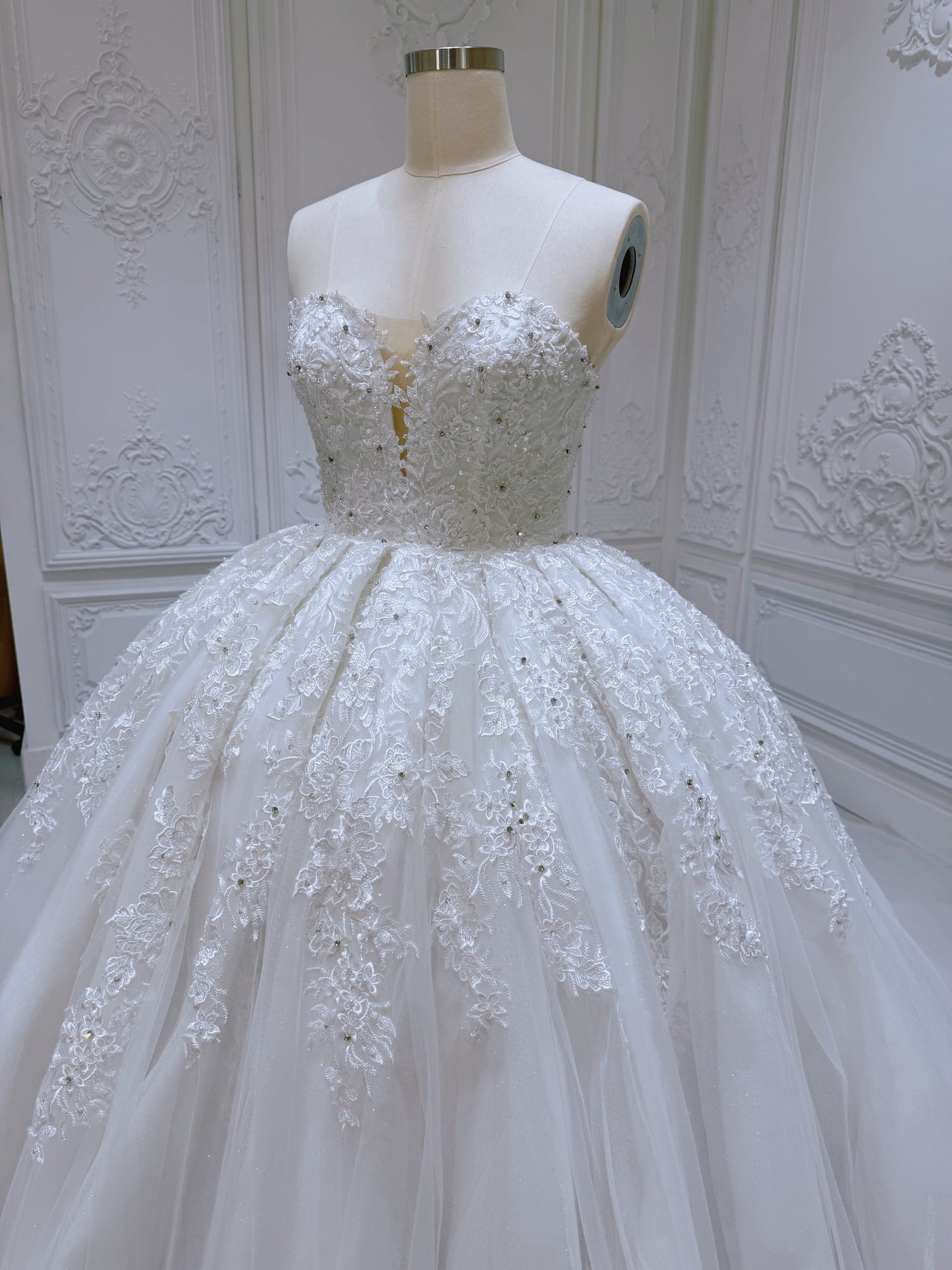 Stock Clearance! Bridal size 12! White floral lace embroidered high neck long sleeve princess ballgown royal wedding dress