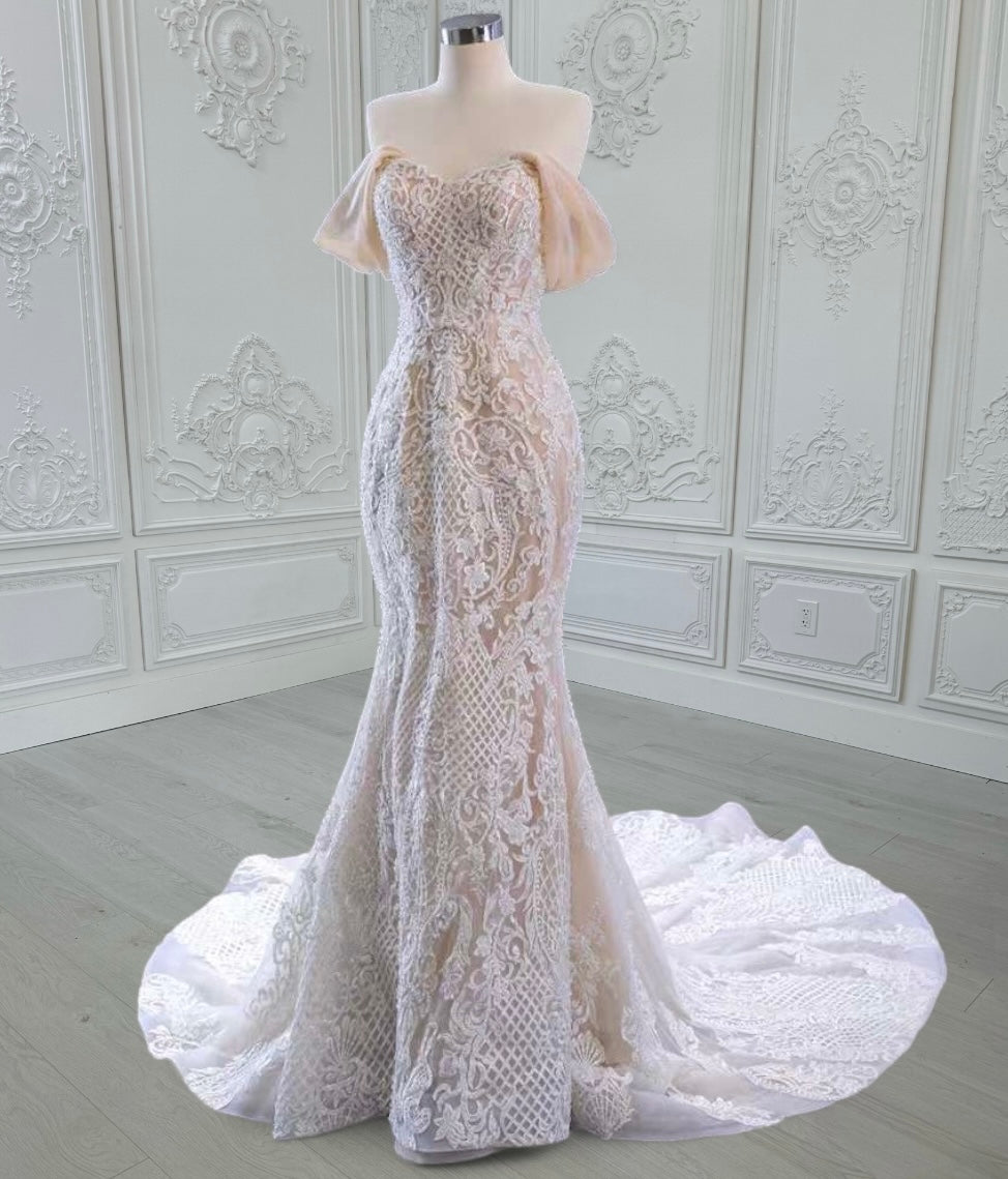 TBC-CM39 Custom-made champagne color off the shoulder lace embroidered mermaid wedding dress