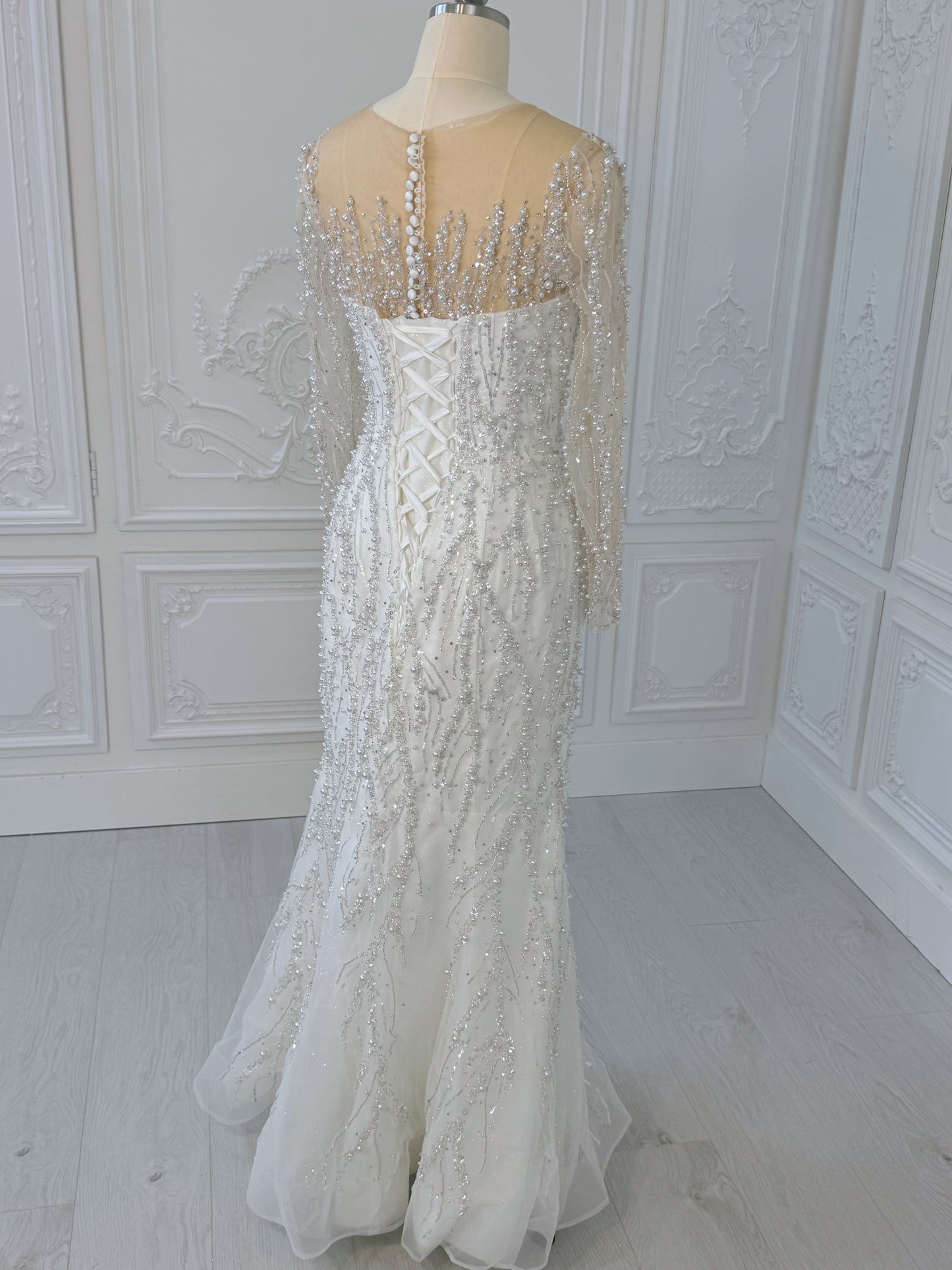 TMC-CM47 Custom-made luxury pearl with beading lace long sleeve 2 in 1 Ballgown&mermaid royal wedding dress