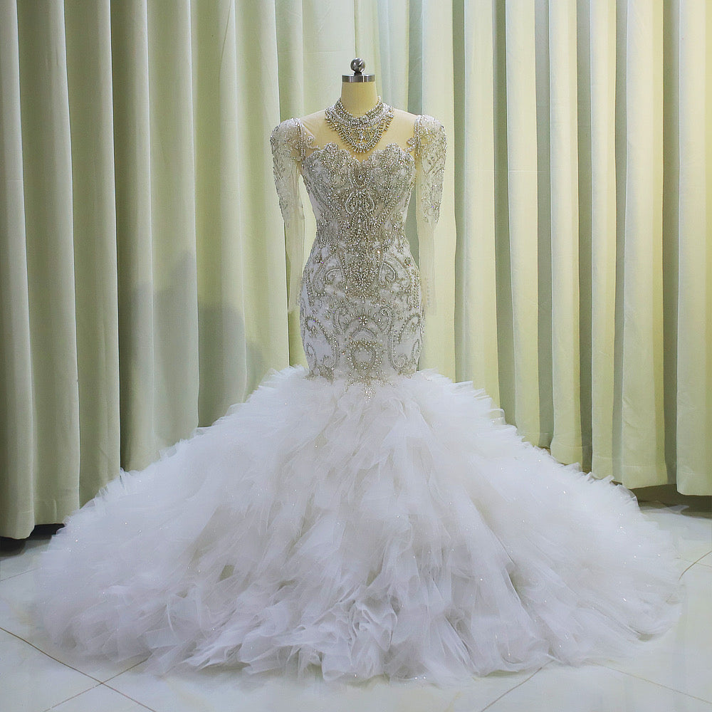 TBC-CM006  Luxury crystal beading long sleeve mermaid royal wedding dress with ruffles skirt - Ting's Bridal Collection