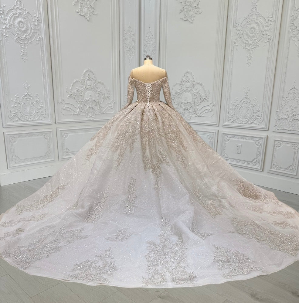 Custom-made luxury beading sparkling off the shoulder with V-neck long sleeve princess ballgown royal wedding dress