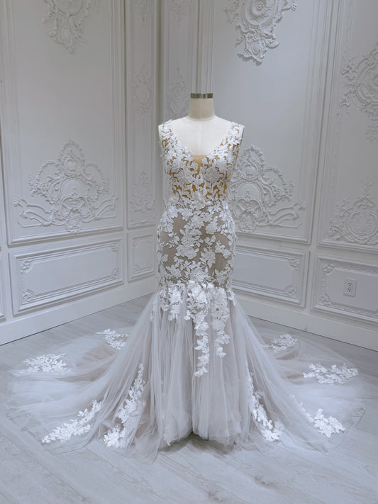 TBC-A017 Made to order lace mermaid champagne wedding dress