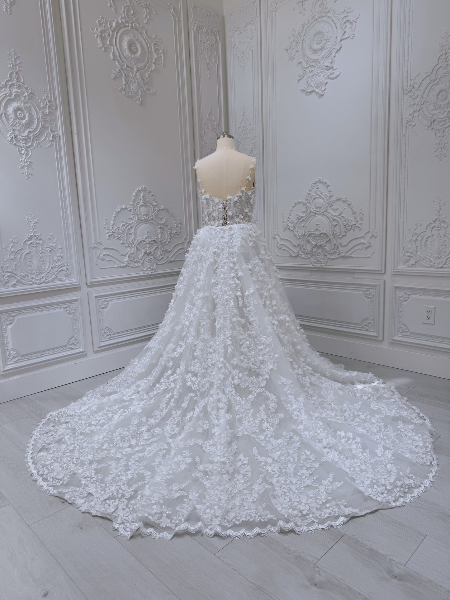 Stock Sale! Bridal size 16! Custom-made 3D floral embroidered 2 in 1 look trumpet wedding dress with detachable skirt - Ting's Bridal Collection