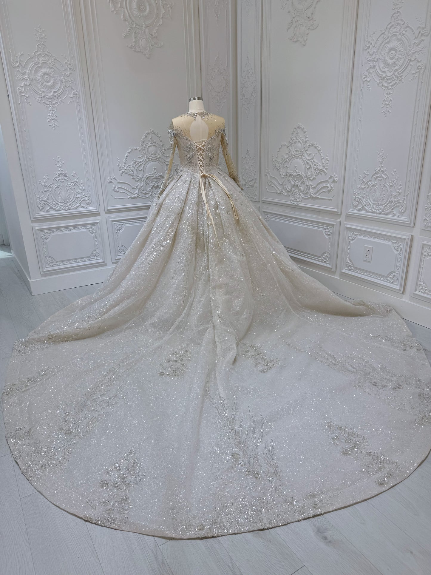 Stock Clearance! Luxury beading long sleeve with high neck ivory cream color ballgown royal wedding dress - Ting's Bridal Collection