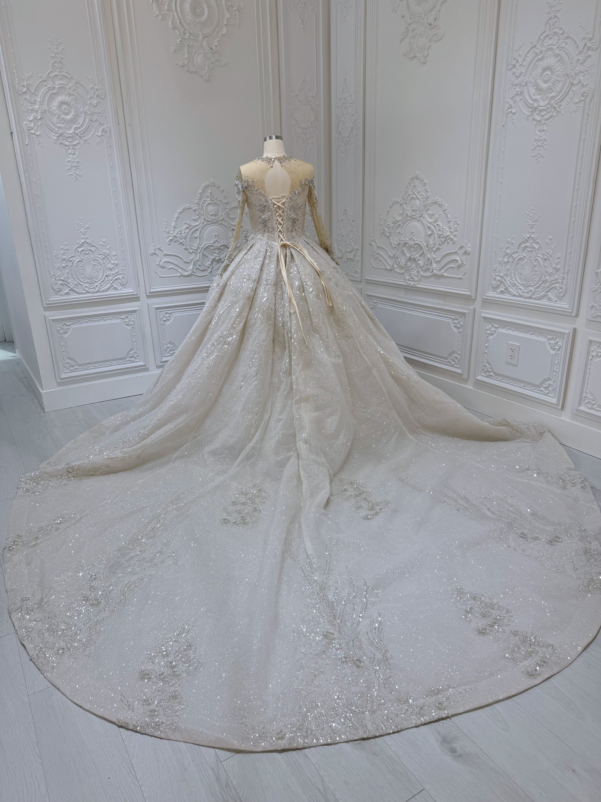 Stock Clearance! Luxury beading long sleeve with high neck ivory cream color ballgown royal wedding dress - Ting's Bridal Collection