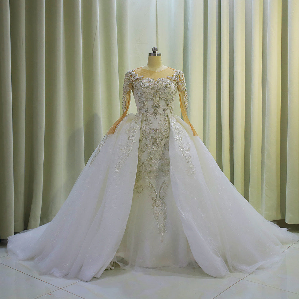 TBC-CM004  Custom-made luxury beading long sleeve 2 in 1 mermaid wedding dress with detachable skirt - Ting's Bridal Collection