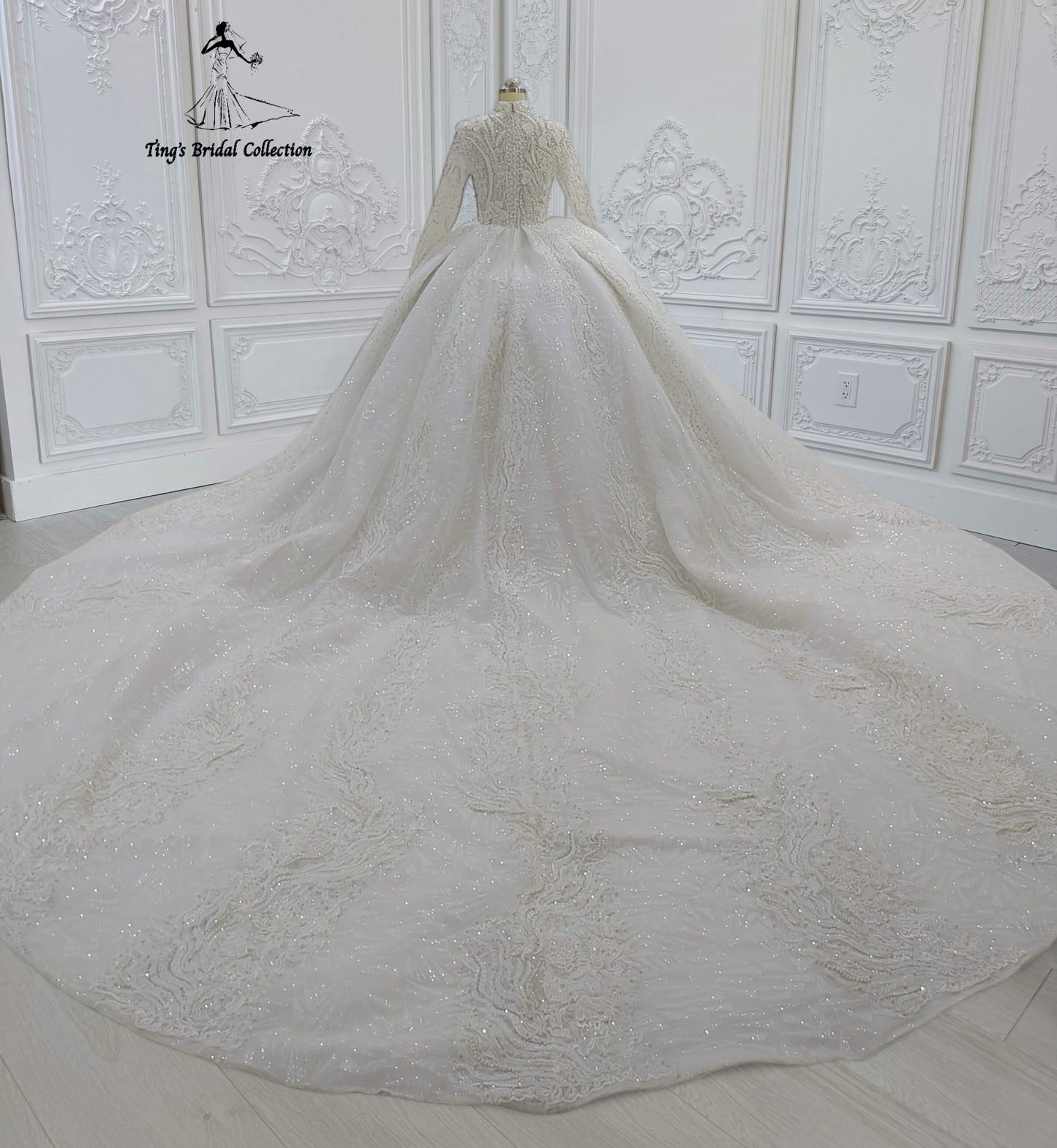 Custom-made luxury beading 3D floral Hight neck fully covered long sleeve ballgown royal wedding dress - Ting's Bridal Collection