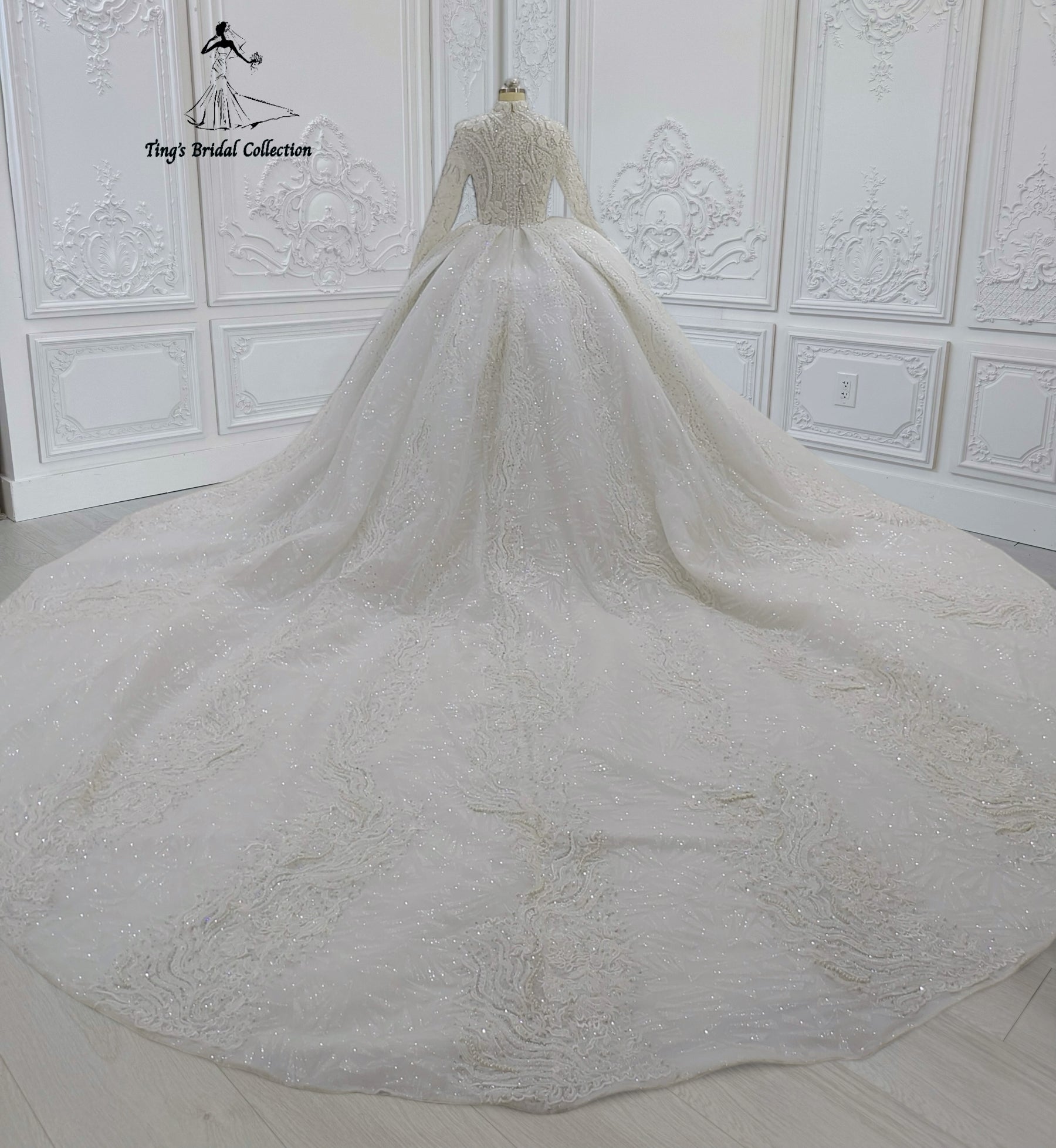 Custom-made luxury beading 3D floral Hight neck fully covered long sleeve ballgown royal wedding dress - Ting's Bridal Collection