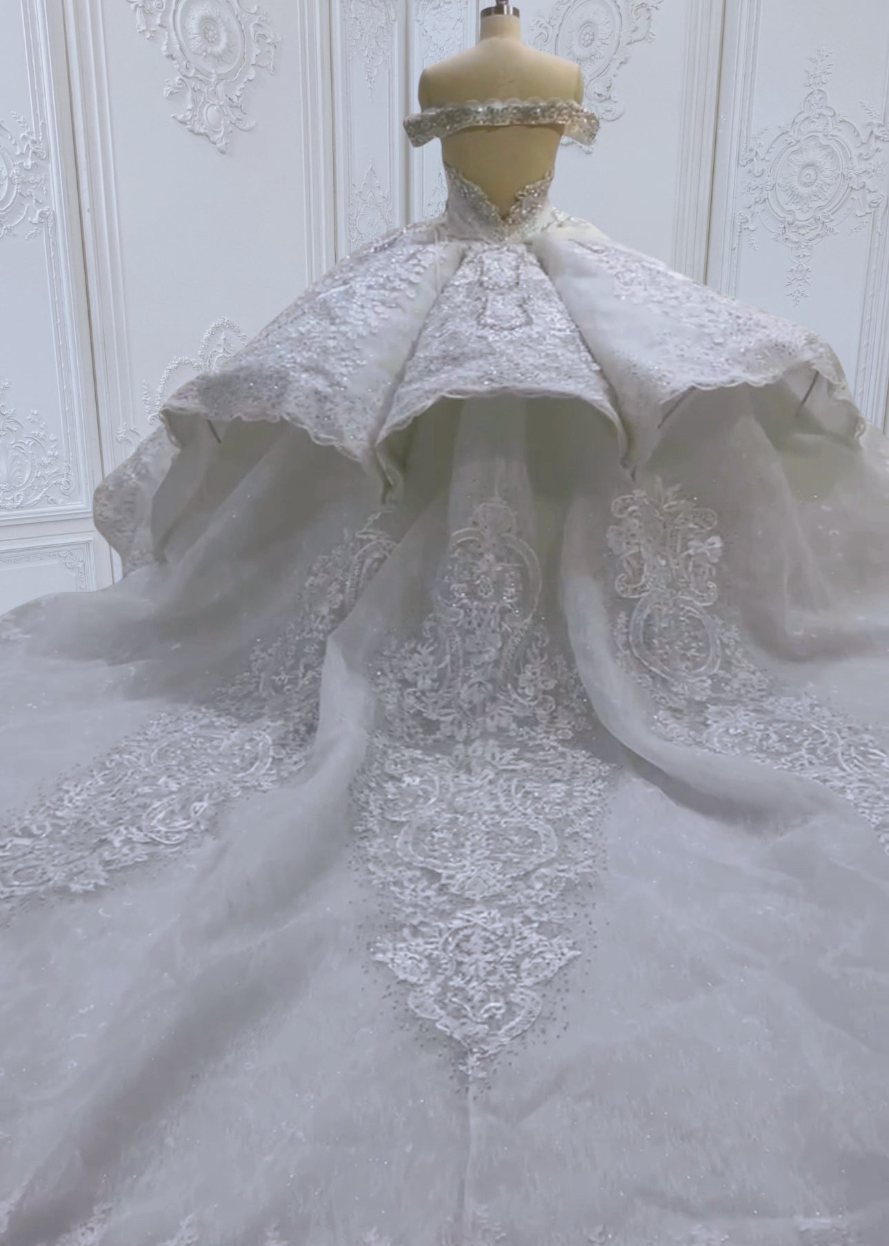 Custom-made luxury crystal beaded sparkling off the shoulder lace embroidered ballgown royal wedding dress - Ting's Bridal Collection