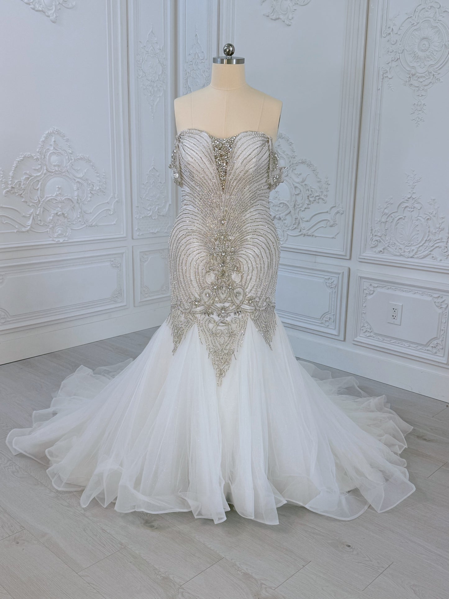 TBC-2IN1-003 Luxury crystal pearl beaded off the shoulder mermaid wedding dress with detachable ruffled skirt