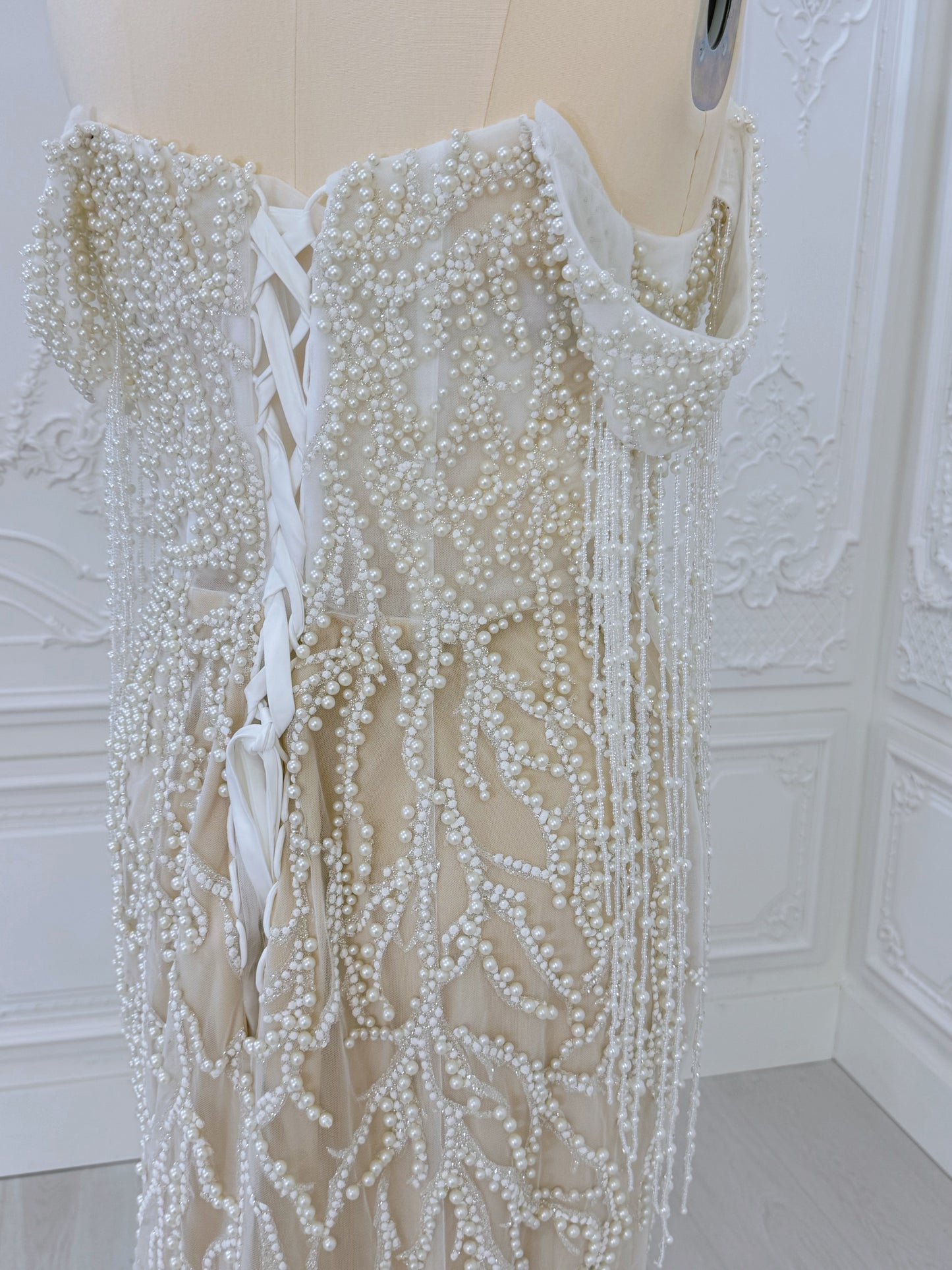 TBC-CM40 Custom-made pearl beading off the shoulder mermaid wedding dress