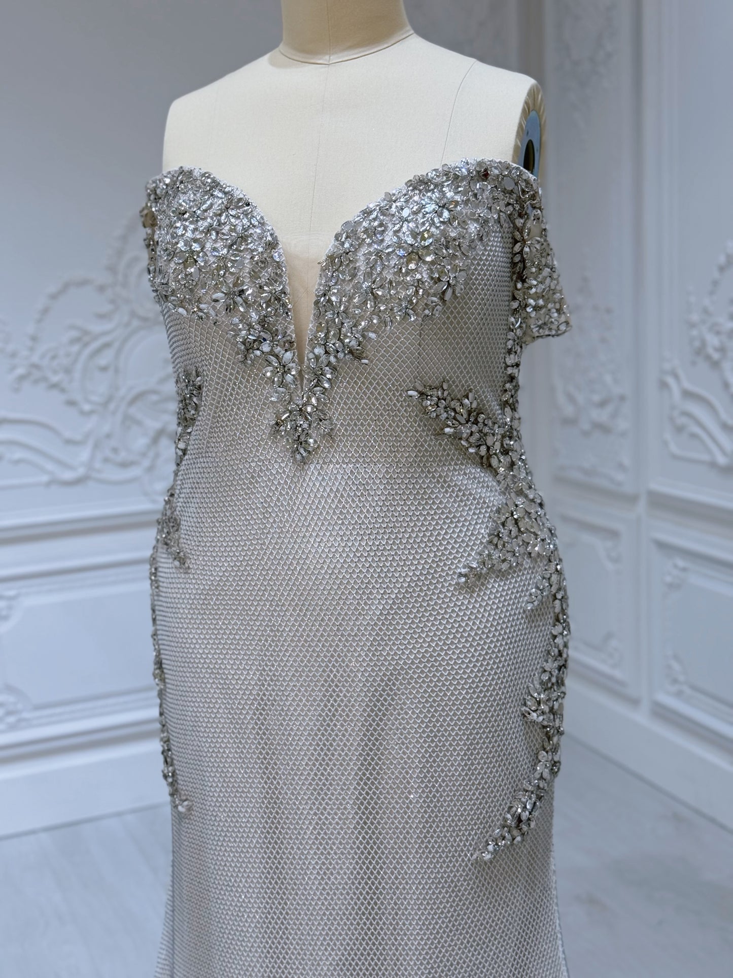 Stock Clearance! Plus size 22! Champagne color crystal beaded off the shoulder mermaid/trumpet wedding dress/formal event gown