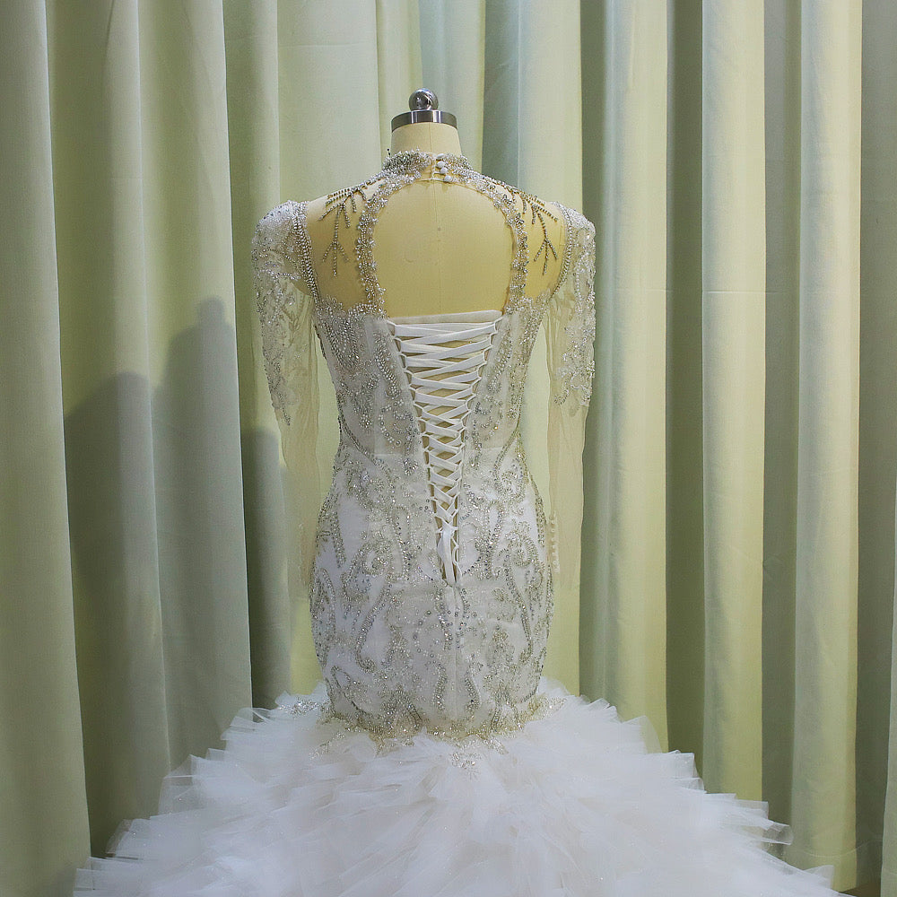 TBC-CM006  Luxury crystal beading long sleeve mermaid royal wedding dress with ruffles skirt - Ting's Bridal Collection