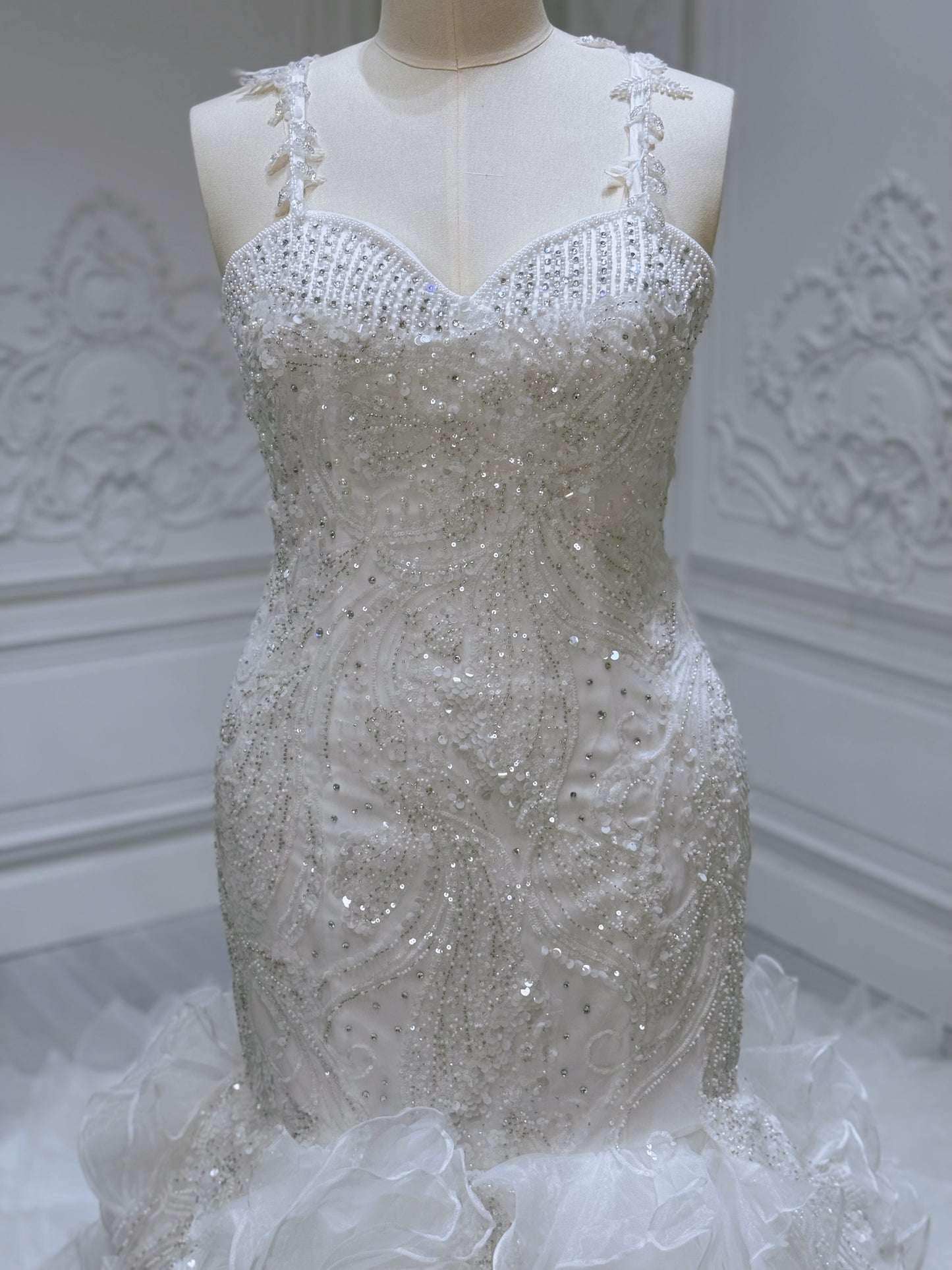 Stock Clearance! Bridal size 14! Custom-made beading lace sweetheart mermaid wedding dress with ruffled skirt
