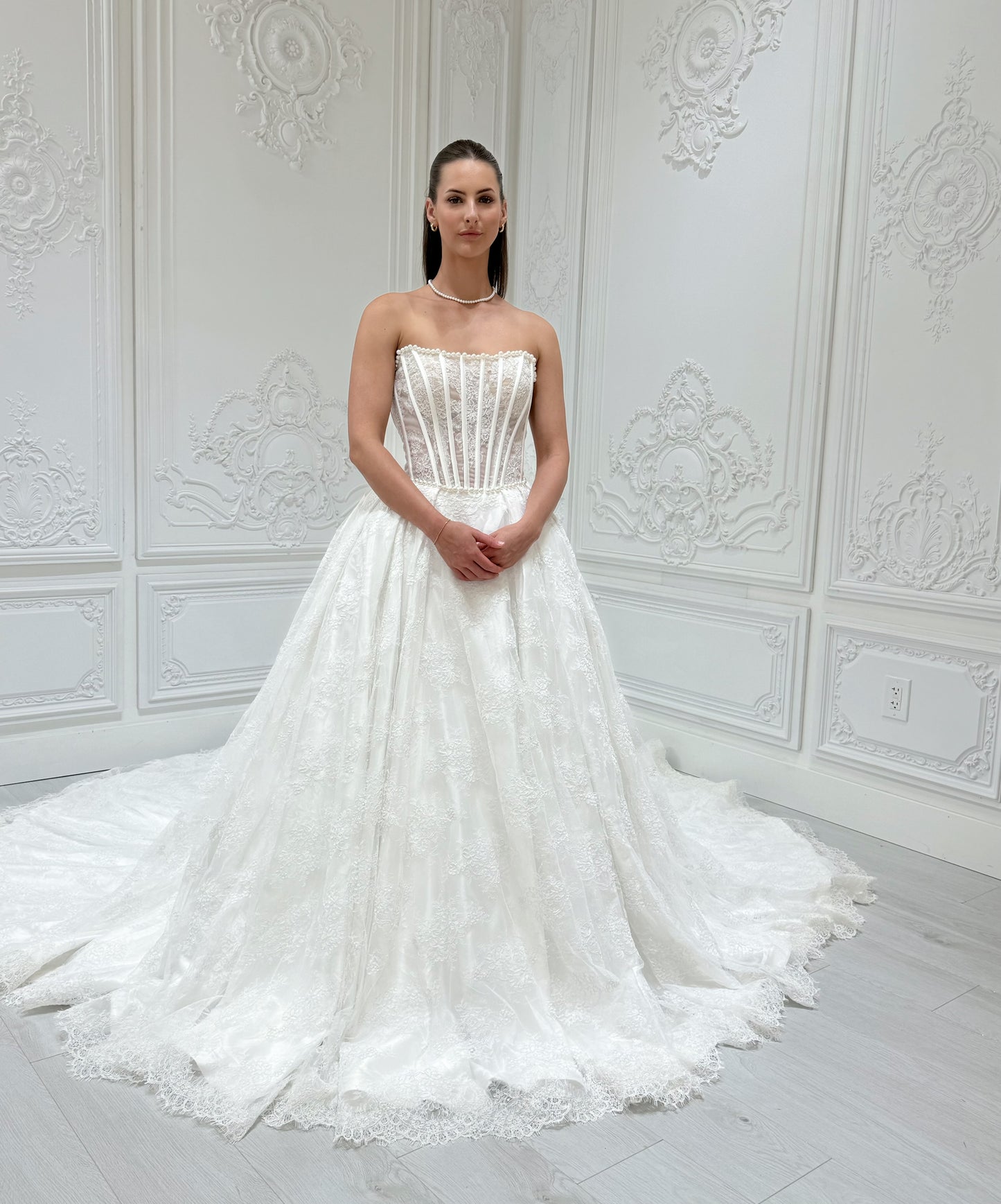 Stock Sale! Bridal size 12! Custom-made straight pearl beading corset lace Aline wedding dress with detachable bow - Ting's Bridal Collection